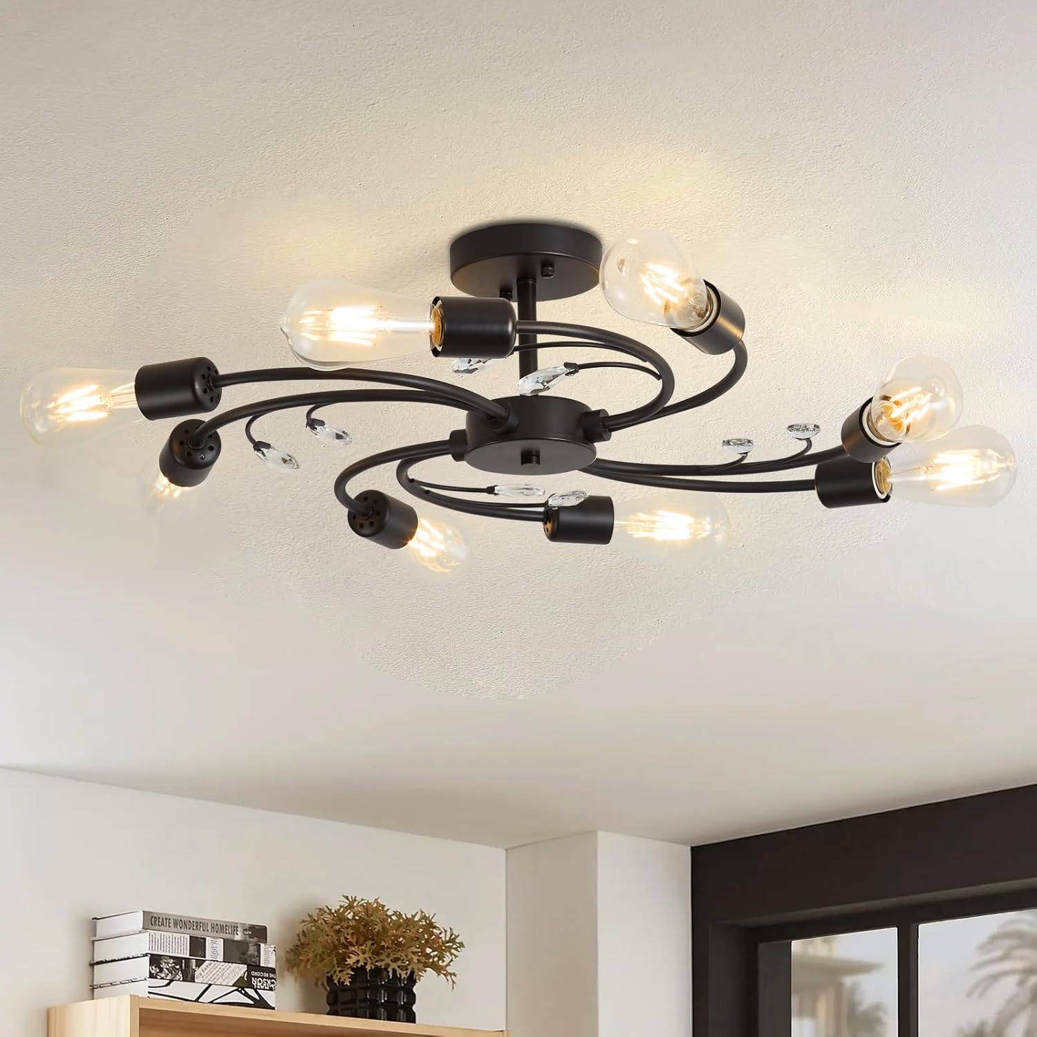 Modern Sputnik Ceiling Light Fixture 8 Light Black Industrial Chandeliers, Semi Flush Mount Ceiling Light for Living Room, Bedroom, Dining Room, Kitchen, Office E26 Base