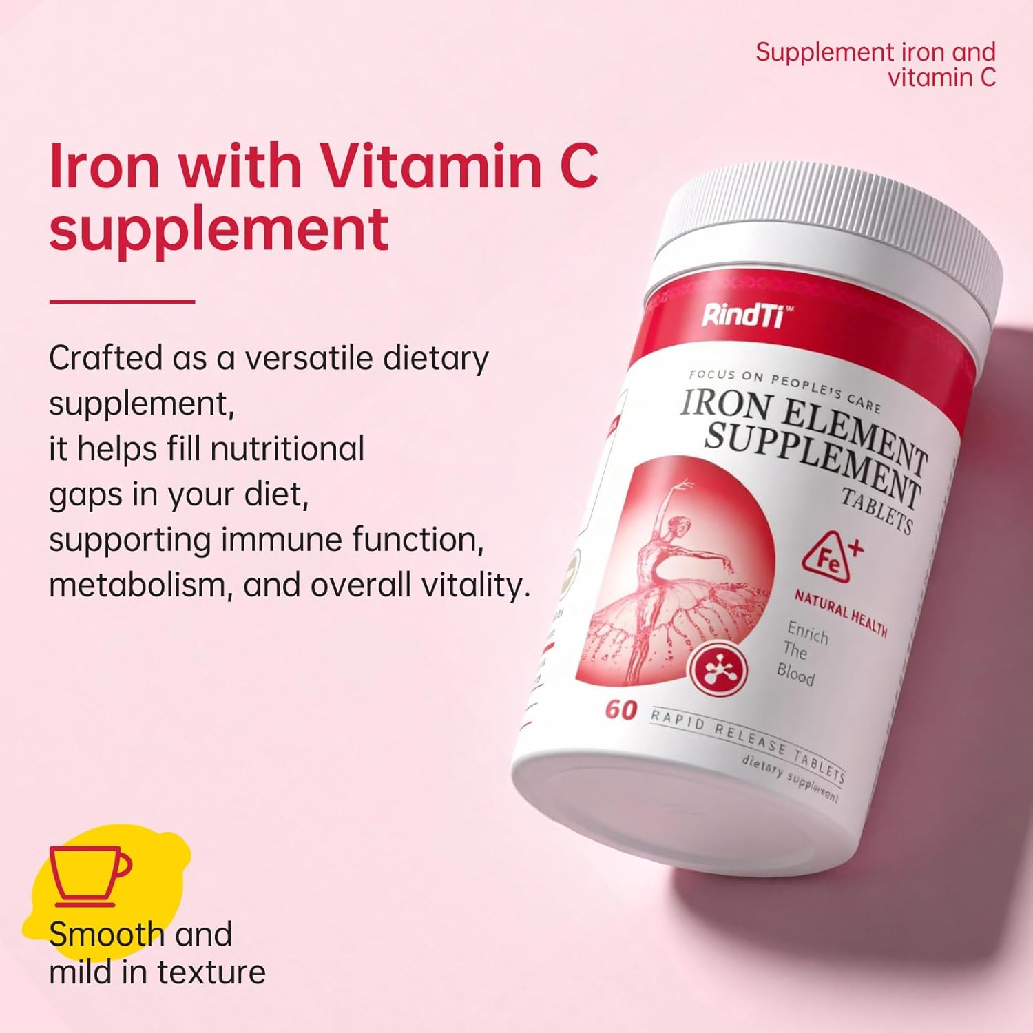 Daily Iron Supplement Tablets, Iron 60 mg with Vitamin C 250 mg, Support The Production of Healthy Red Blood Cells, Gentle Absorption Formula, 60 Servings