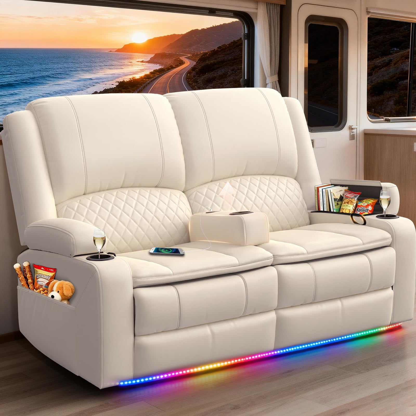 RV Loveseat Recliner Wall Hugger, Manual RV Reclining Loveseat with Removable Armrest, 3X Adjustable Theater Wall Hugger Loveseat Recliners with USB Ports, Cup Holders, Multi-Storage (Missing back rest seat only) 