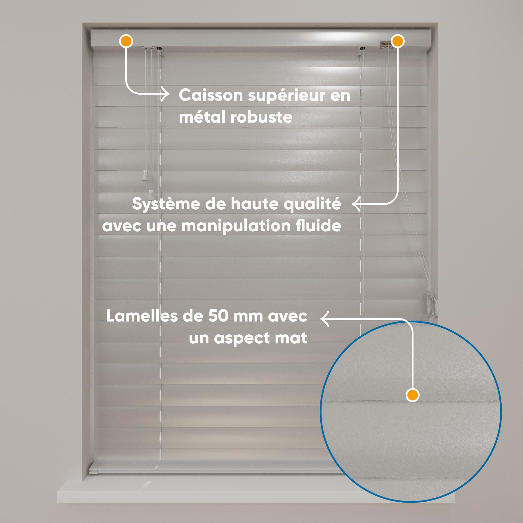DTCH® Store vénitien Aluminium intérieur, Gris, 70 x 180 cm | Lamelles 50mm, résistant à l'humidité, aluminium mat, protection solaire et visuelle, réglage de lumière, jusqu'à 240 cm