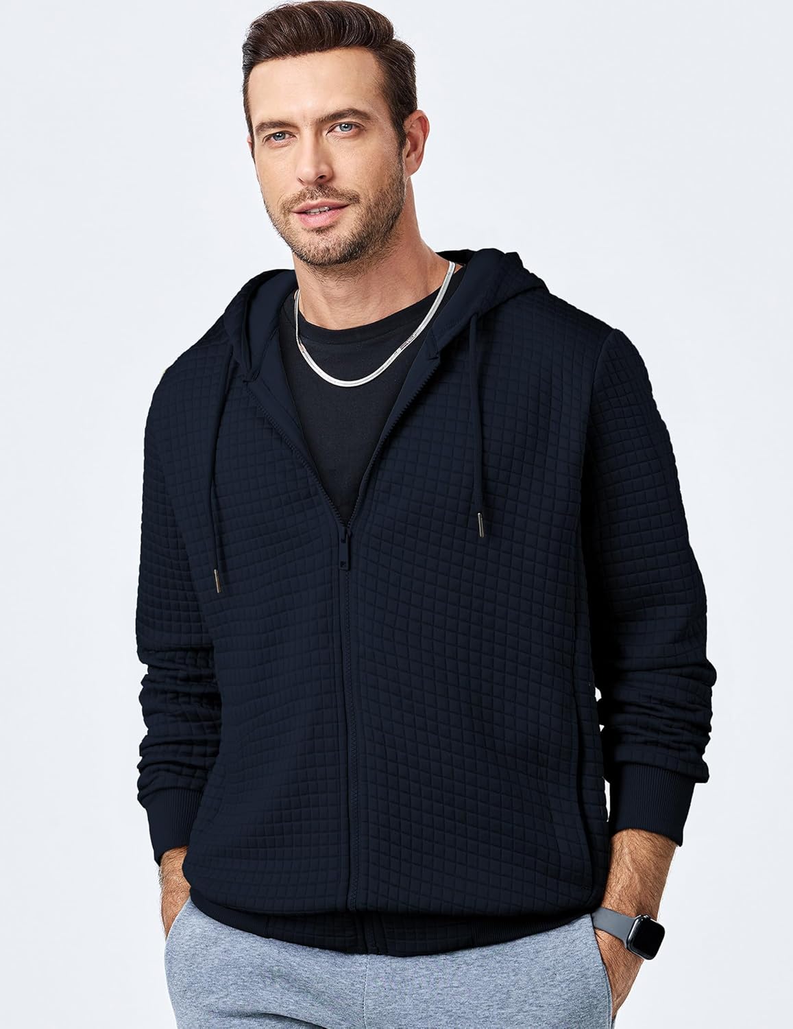 JMIERR Men’s Jacquard Plaid Hoodie Long Sleeve Drawstring Casual Hooded Sweatshirts Jackets with Pockets - Image 8