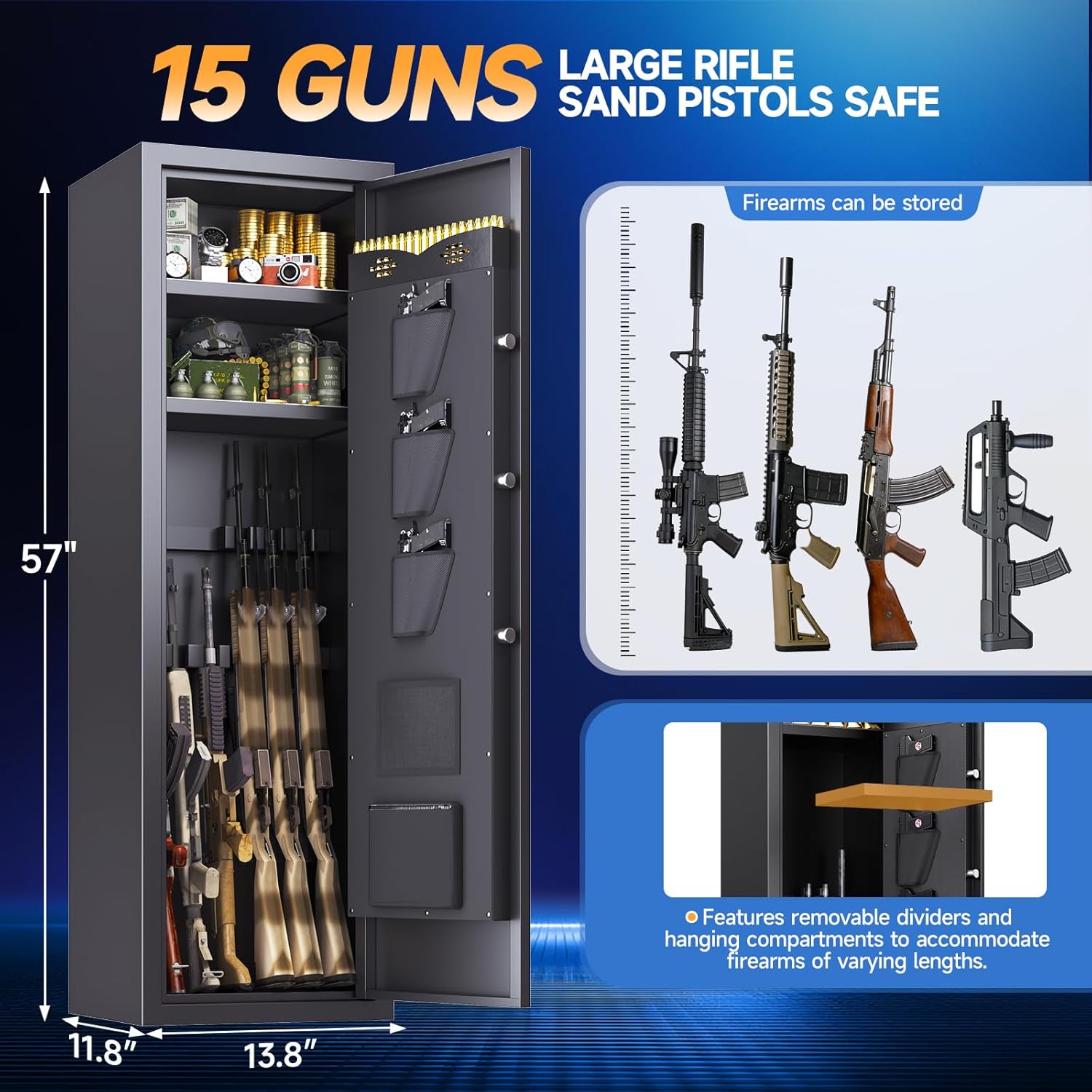 12-15 Gun Safe,Gun Safe for Rifles and Pistols, Biometric Rifle Safe With Removable Gun Shelf, No Assembly Required, Gun Cabinet for Home with Alarm System,Silent Mode (57"H × 12"D × 14"W)