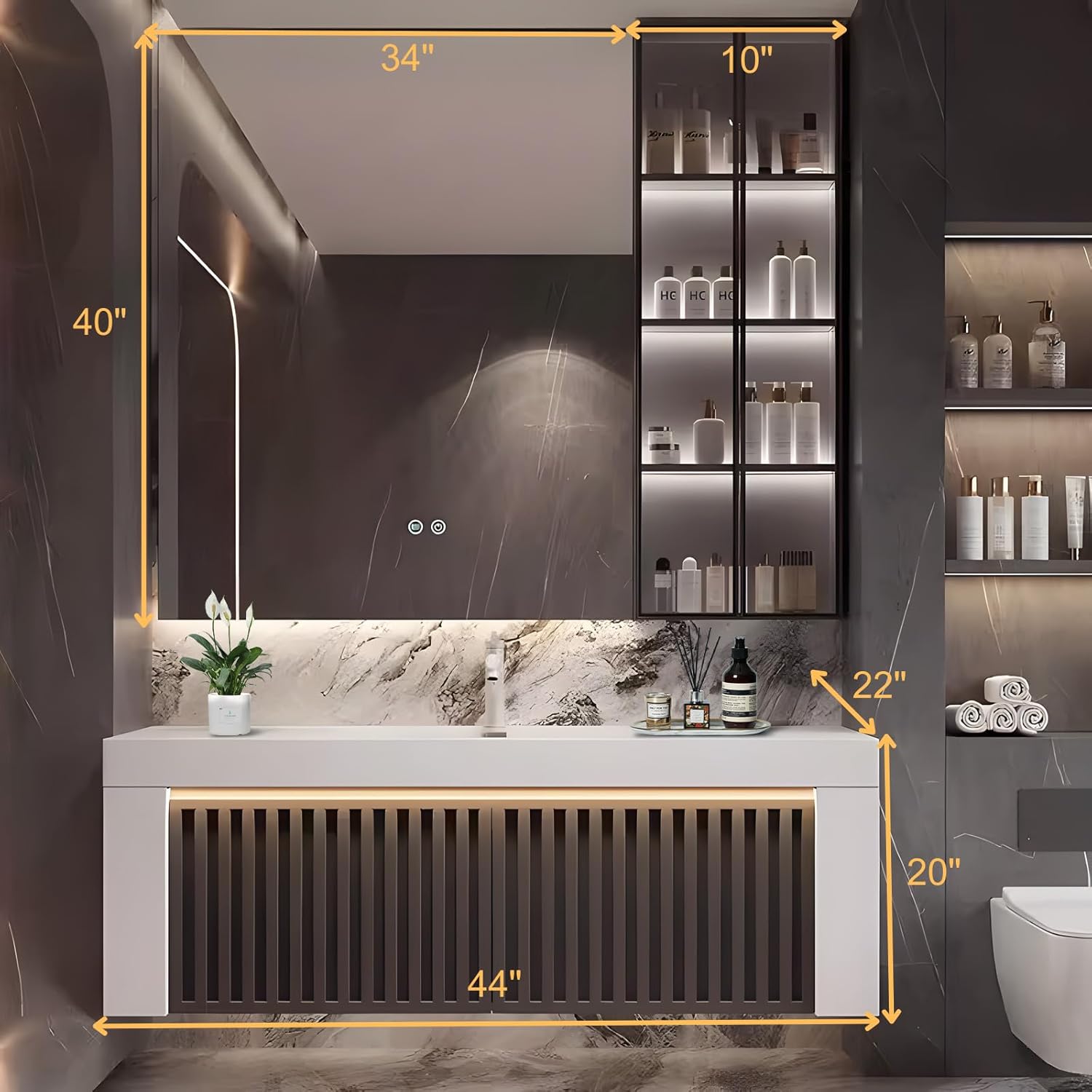 Diagram showing the dimensions of the 44-inch LUTHXAY bathroom vanity, including the mirror (40 inches high, 34 inches wide) and the vanity cabinet (44 inches wide, 22 inches deep, 20 inches high).
