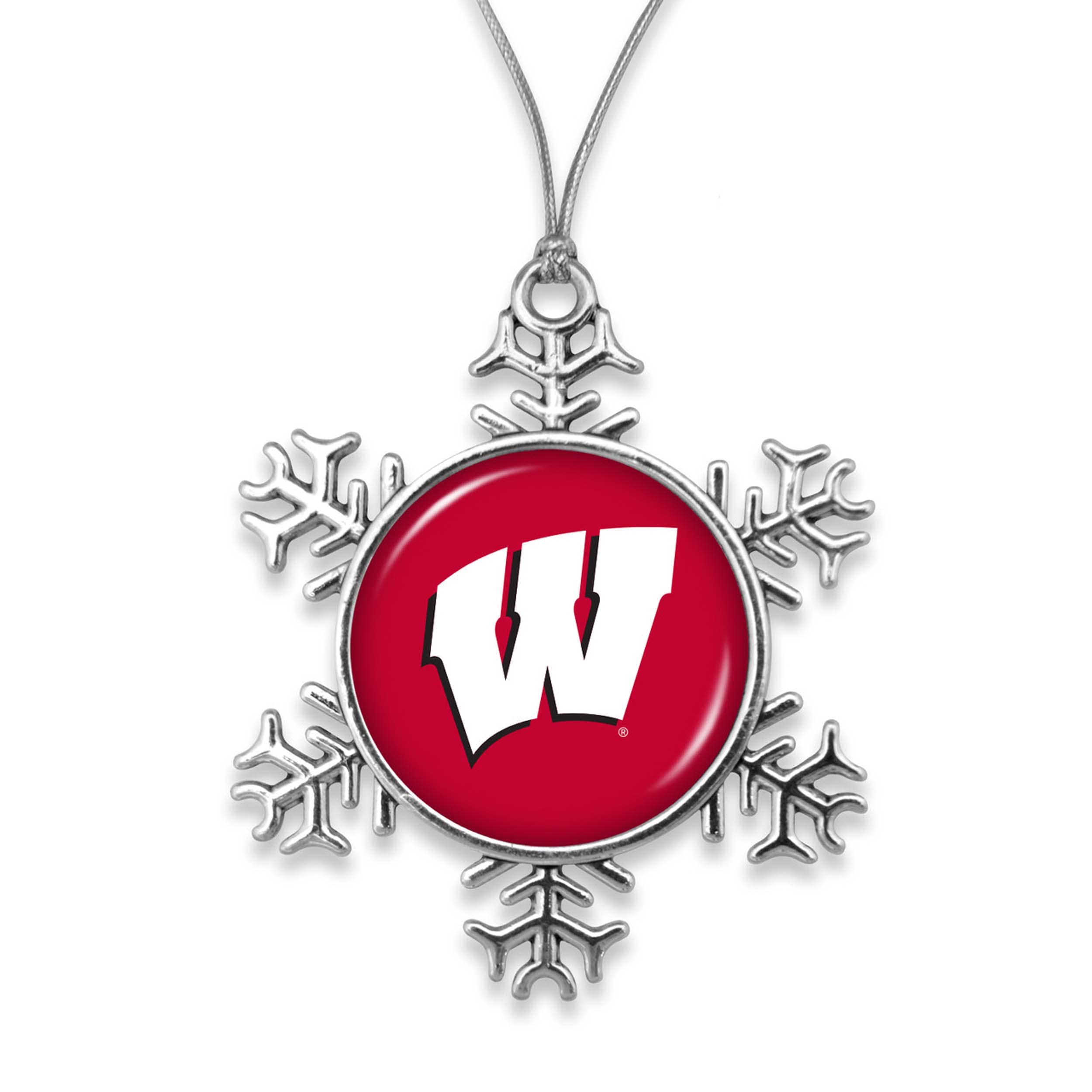 Wisconsin Badgers Snowflake with Team Logo Silver Metal Christmas Ornament Gift Tree Decoration UW