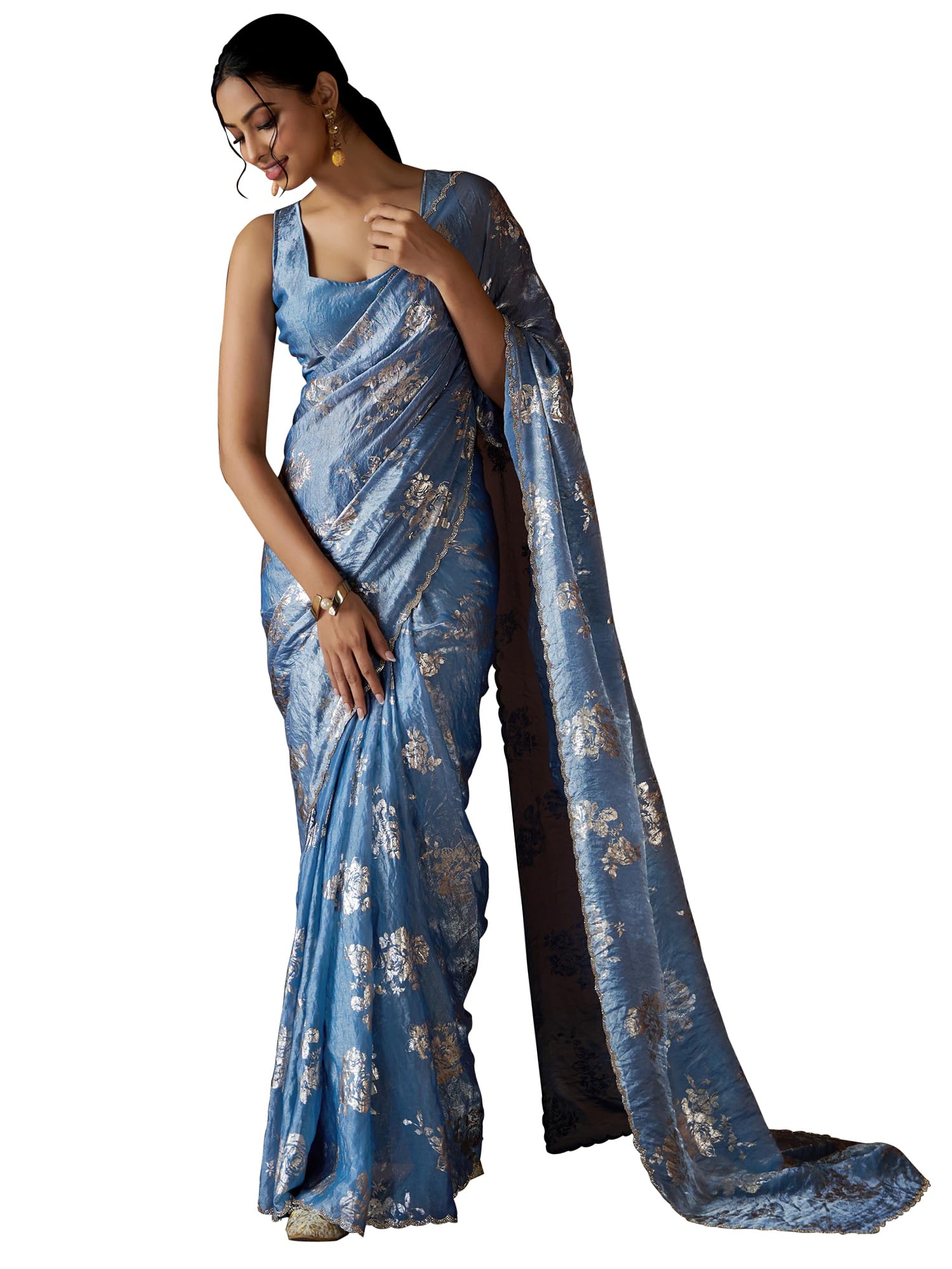 Women's Pure Silk Foil Printed Saree With Unstitched Blouse (MAHEK1012A_MK_Parent)-image-24