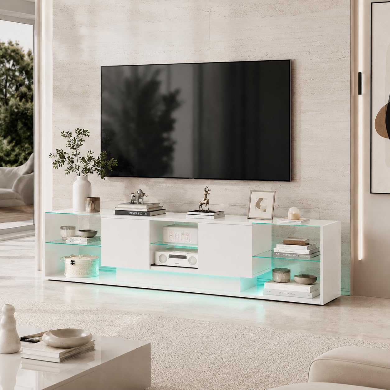 Mueble TV LED Blanco 200 cm, Mueble de TV Moderno con Luz LED.Mesa Televisión Salón con 2 cajones y Estante de Cristal, Armario Bajo para salón o Dormitorio, 200 x 35 x 45 cm (Blanco, B)