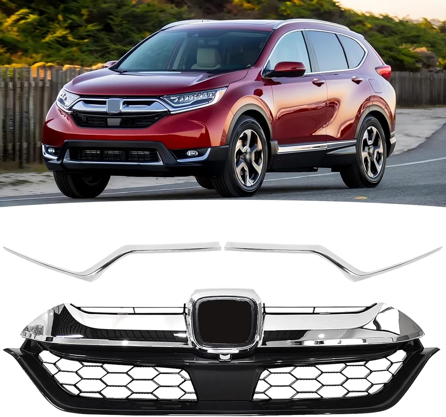 Fit For 2017 2018 2019 Honda CRV CR-V EX/EX-L/LX/Touring Front Bumper Upper Guard Grille Chrome Honeycomb Mesh Grill Assembly Replacement (Grille+Headlight Molding)
