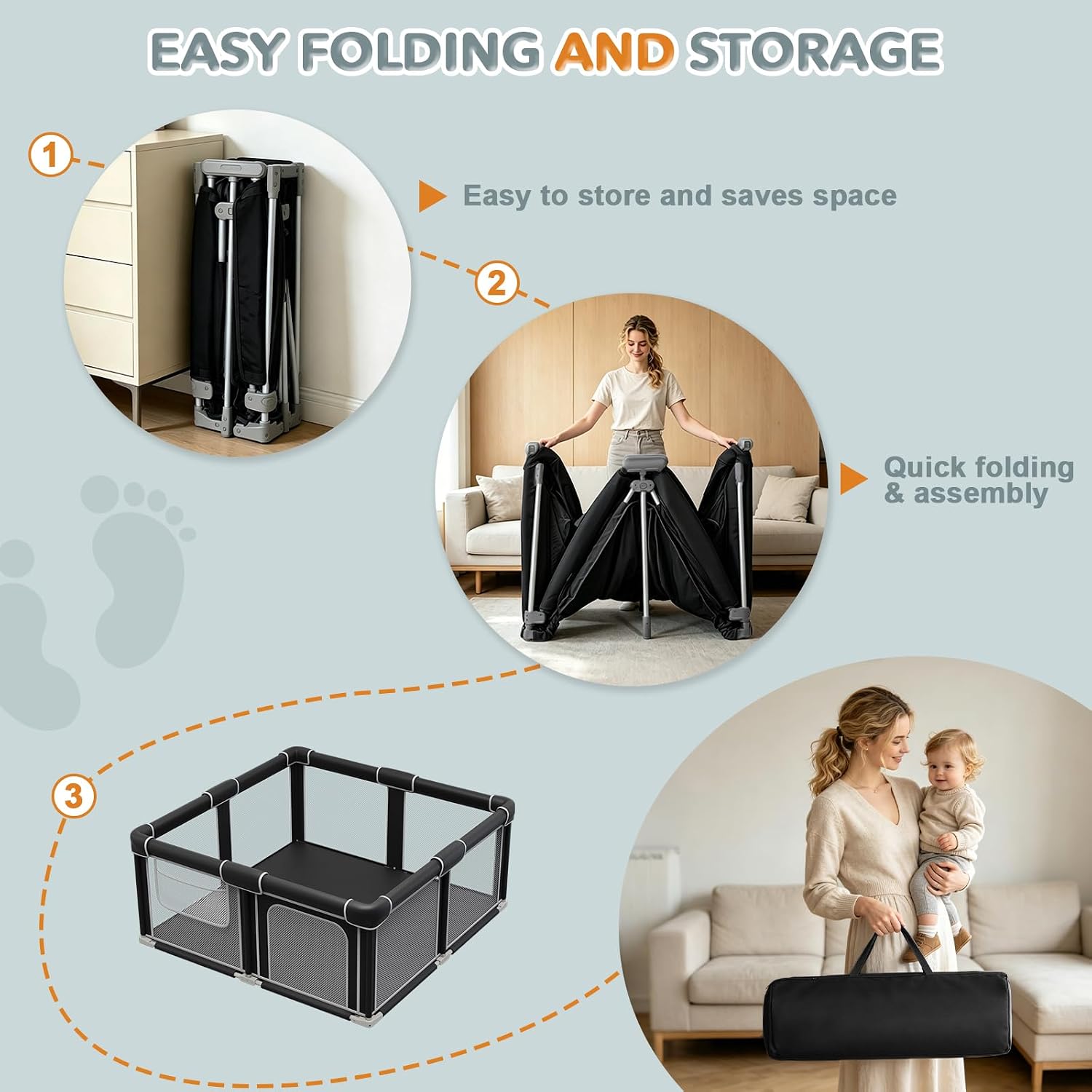 Foldable Playpen for Babies and Toddlers, 50"x50" Portable Play Yard with Mat, Kids Collapsible Play Pen with Sturdy Metal Frame & Mesh Walls, Indoor & Outdoor Baby Fence Play Area (Black, 50"x50")