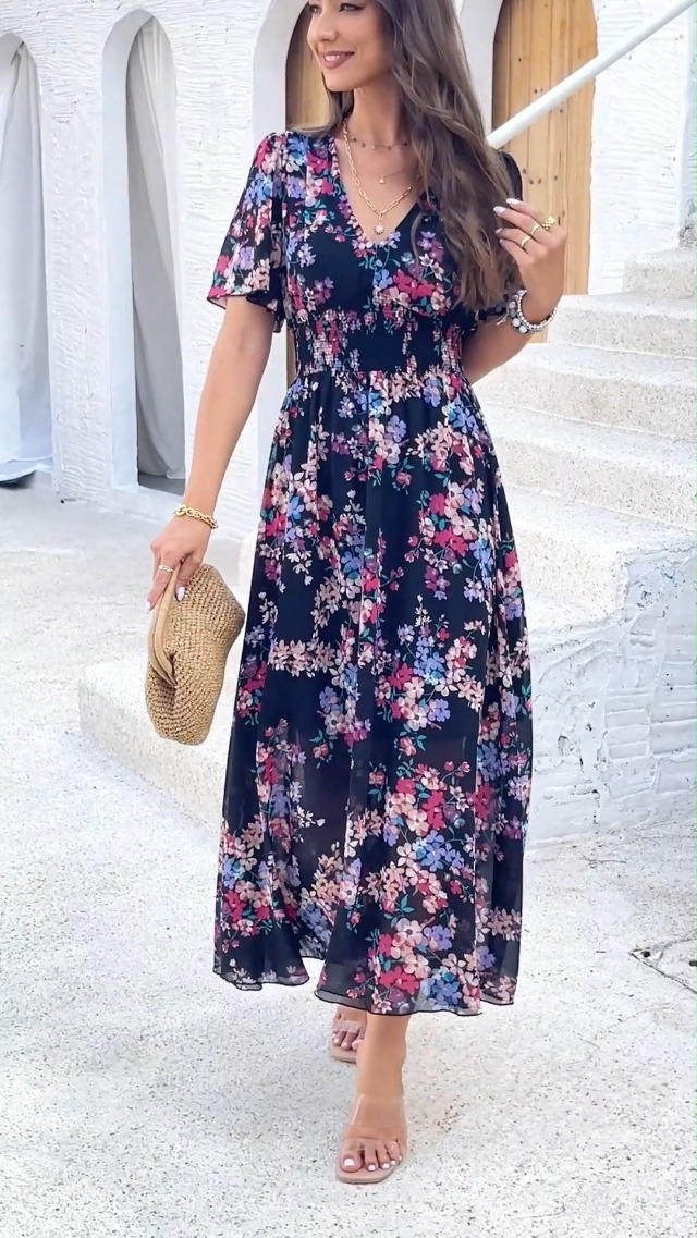 Women's Floral Maxi Dress Flowy V Neck Empire Waist Summer Wedding Guest  Party Casual Chiffon Dress Blue S at Amazon Women's Clothing store