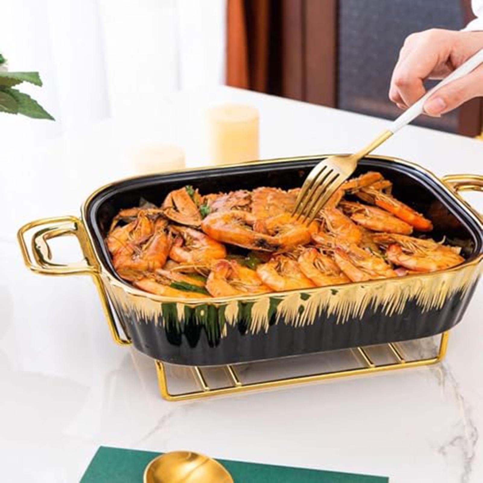 THEGA Scaldavivande in Ceramica, Elegante Scaldavivande per Buffet con Robusto Supporto in Ferro, Coperchio Termoisolante per Matrimoni, Banchetti, Feste, Eventi di Catering(Black,1.8L)