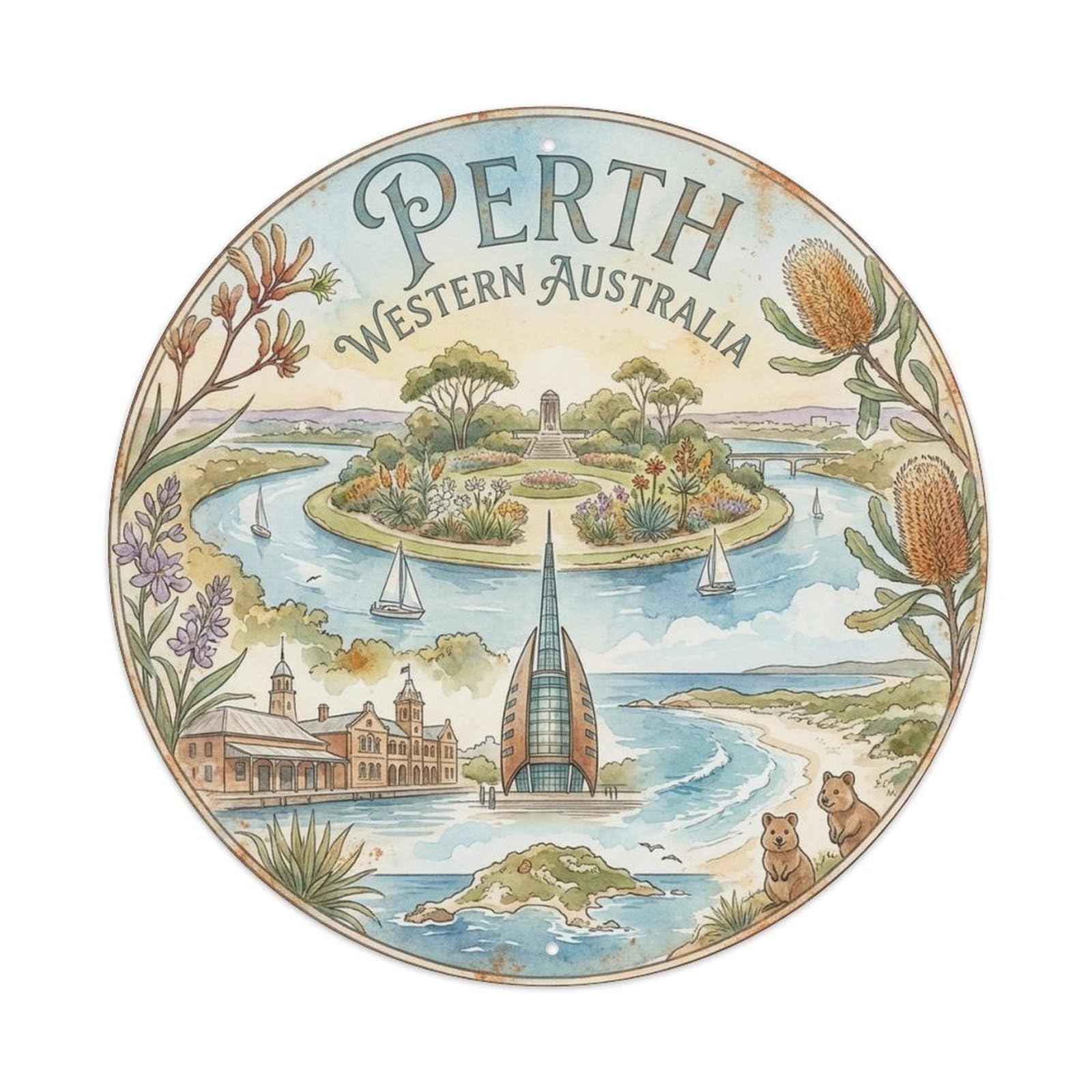 Olyhtr 8X8inch Classic Style Retro Australia Perth Travel Landmark Regional Heritage Metal Tin Sign