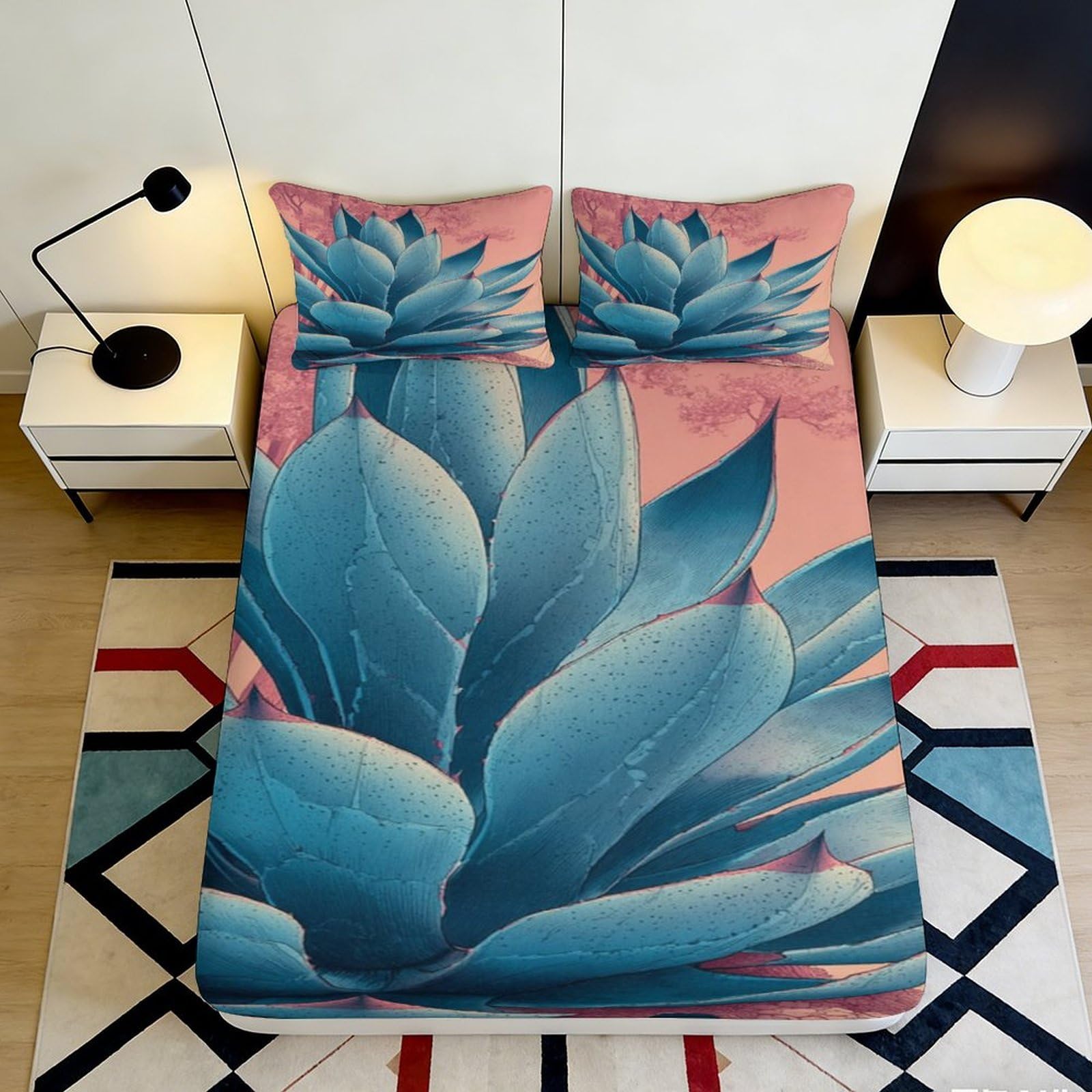 3D Printed Botanical Fitted Sheet Microfiber Deep Pocket Non-Slip Succulent Mattress Fitted Cover Bedroom 90x200x25cm