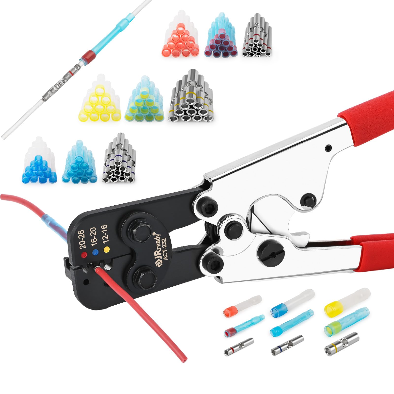 JRready ST2174 Quetschverbinder Set (M81824/1 Äquivalent), 26-12 AWG (0,14-4,0mm²) Wasserdicht IP68 Schrumpfverbinder Stoßverbinder Sortiment, mit Crimpzange Set ACT-232 (M22520/37-01), 91-teilig