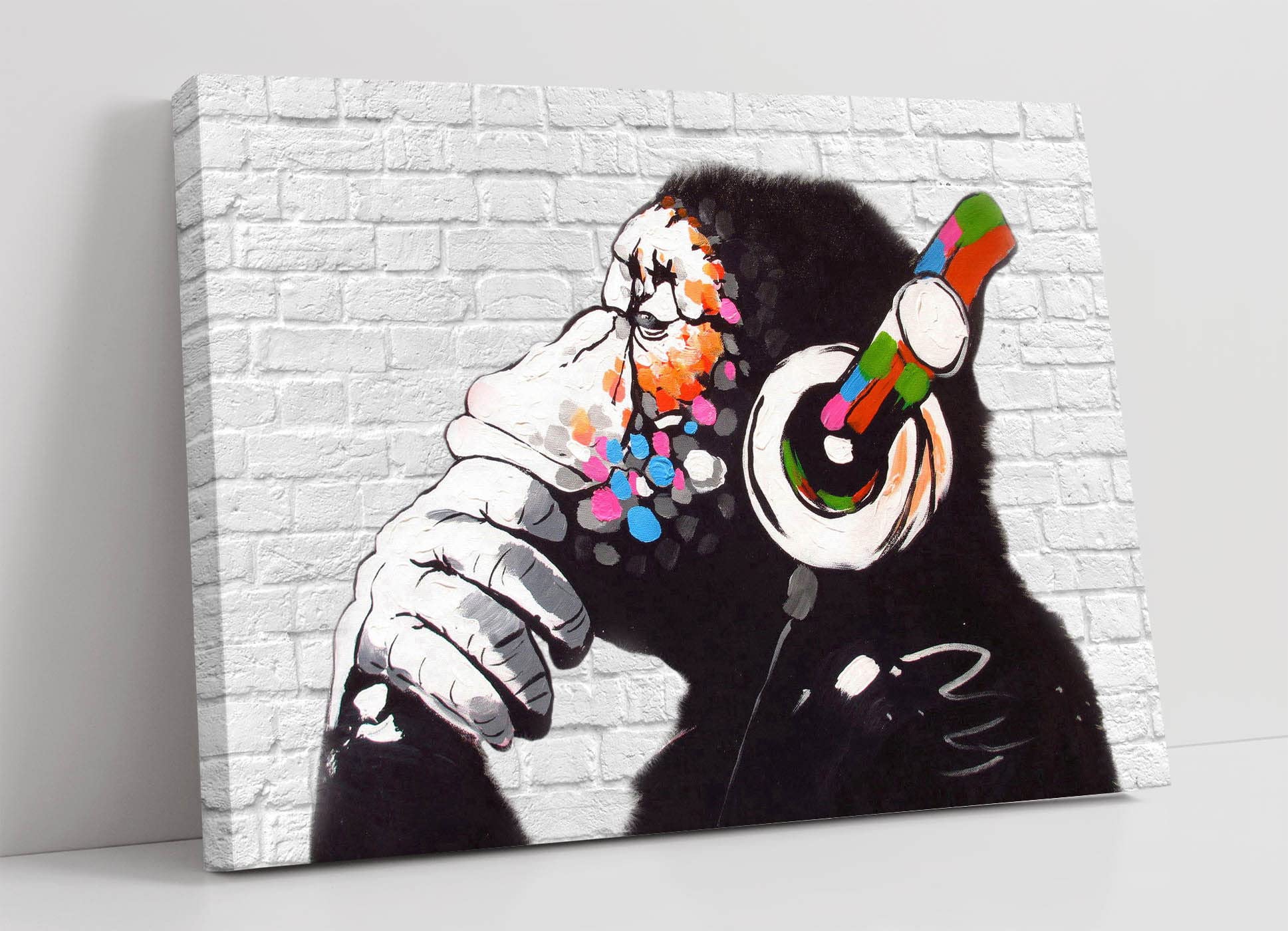 Canvasartshop Grey Monkey Dj Banksy White Brick Canvas Street Wall Art Print Artwork - Gorilla (30In X 20In / 76Cm X 50Cm)