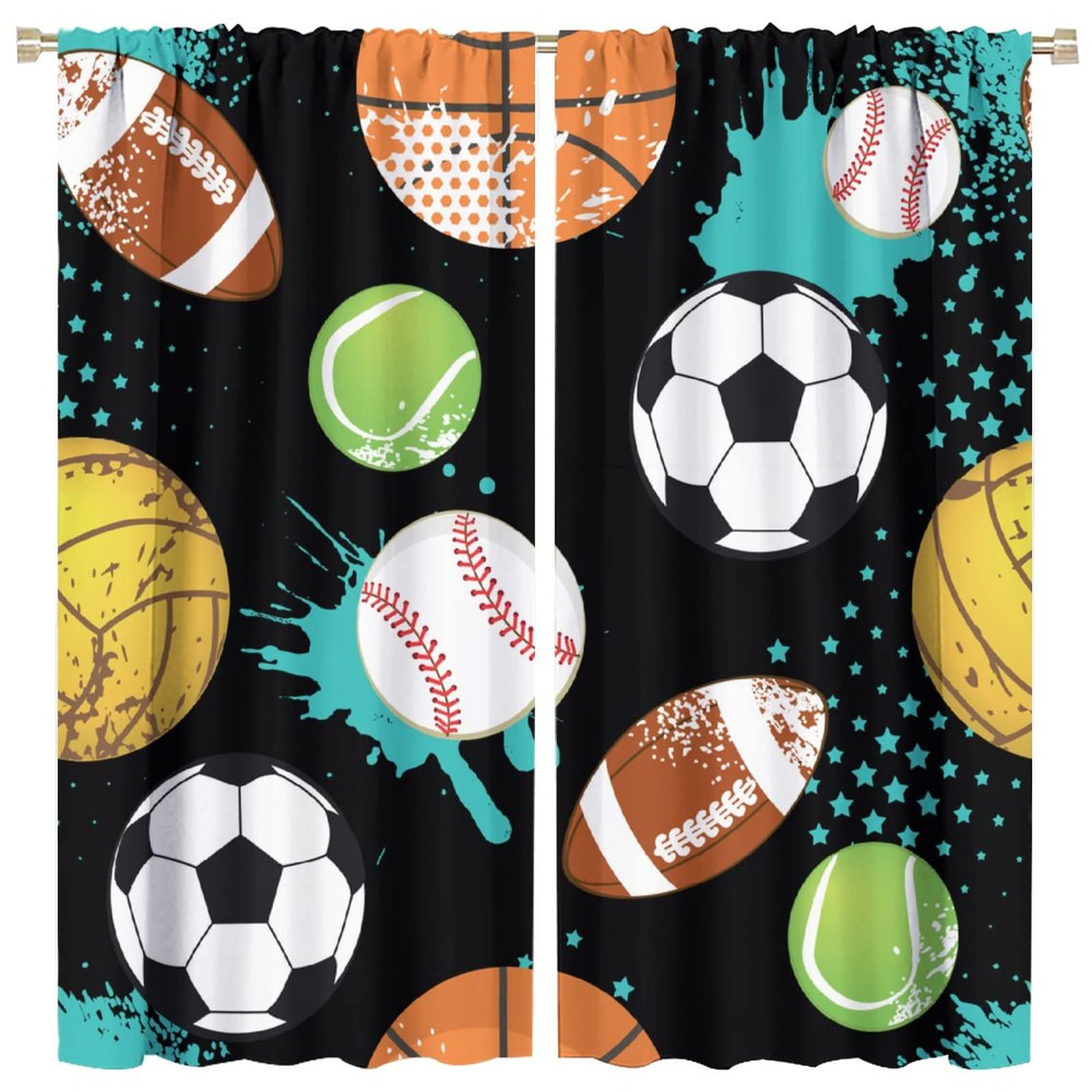 JESTRONRY Sport Window Curtains,Abstract Basketball Football Soccer Rugby Baseball Sports Theme Home Fabric Living Room Kids Boys Girls Teens Bedroom Home Decor Blackout Drapes W63xL63in