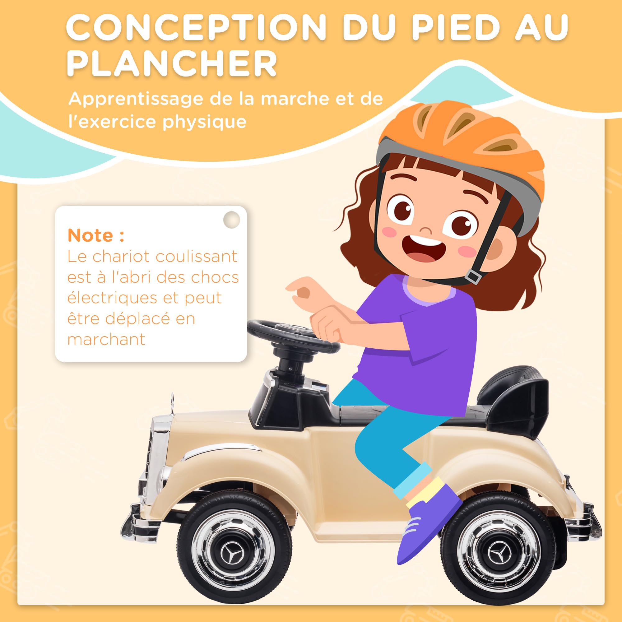 AIYAPLAY Porteur Enfants Voiture Licence Mercedes-Benz 300S 18-48 Mois Coffre Rangement sous Le siège Beige