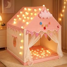 Large Kids Play Tent with Star Lights, 2-in-1 Indoor Playhouse