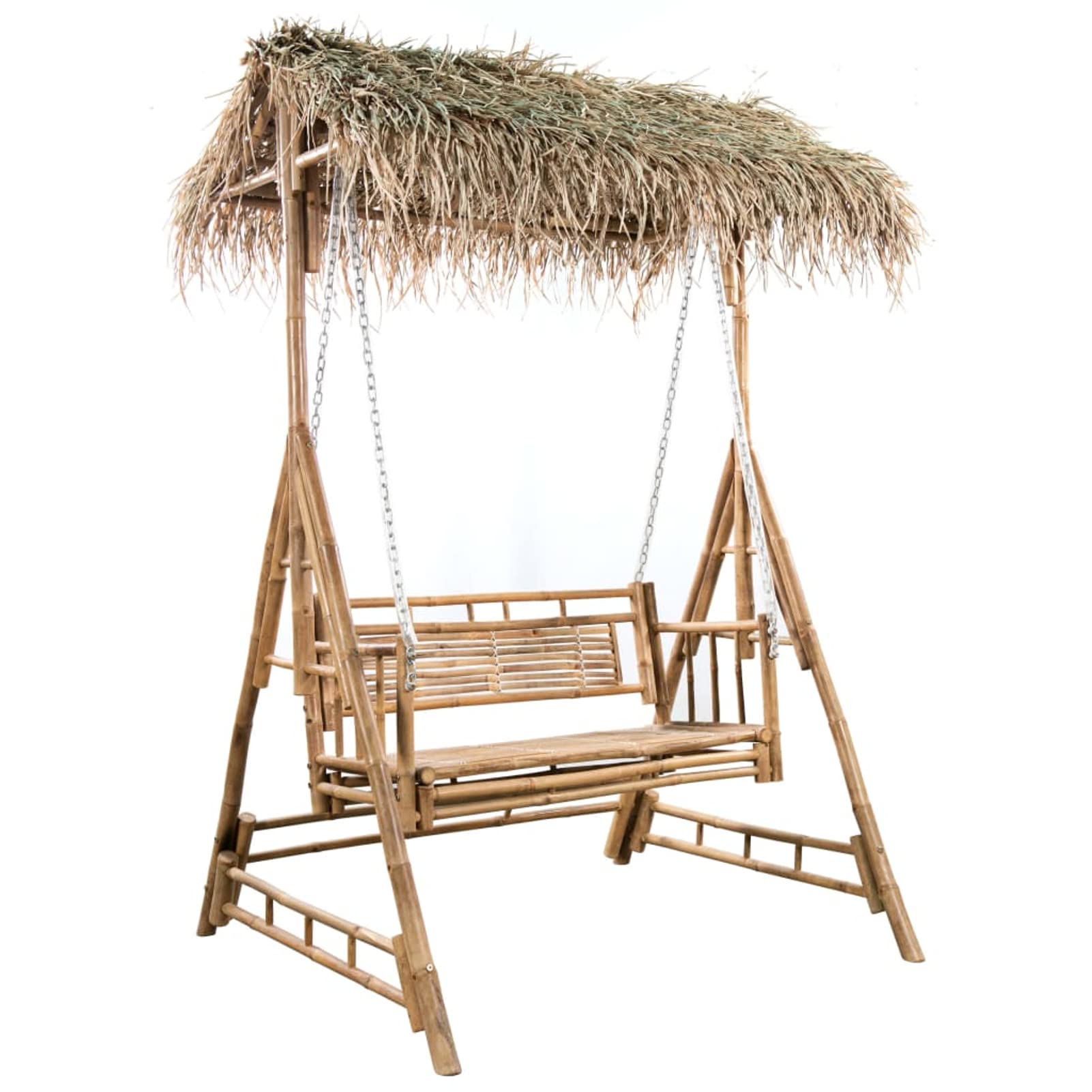 Gecheer Dondolo Hollywood con foglie di palma, cuscino da giardino a 2 posti, altalena da giardino, altalena, 35 x 99 x 202 cm (larghezza x profondità x altezza) in bambù, metallo