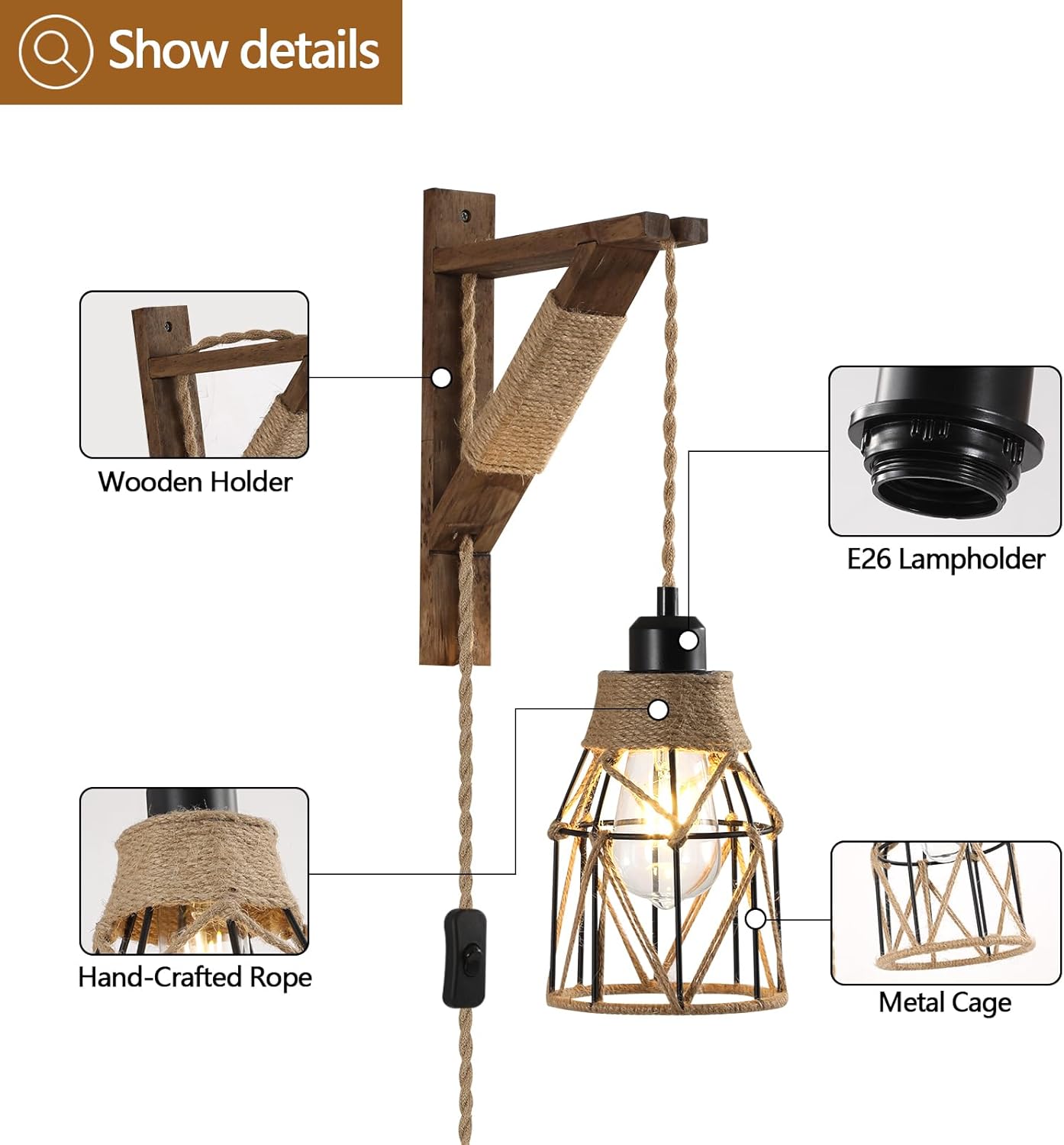 SEEBLEN Plug in Wall Sconces Set of 2,Farmhouse Hanging Lamps That Plug into Wall Outlet, Rustic Metal Cage Sconce with Wooden Bracket for Bedroom Living Room Headboard.