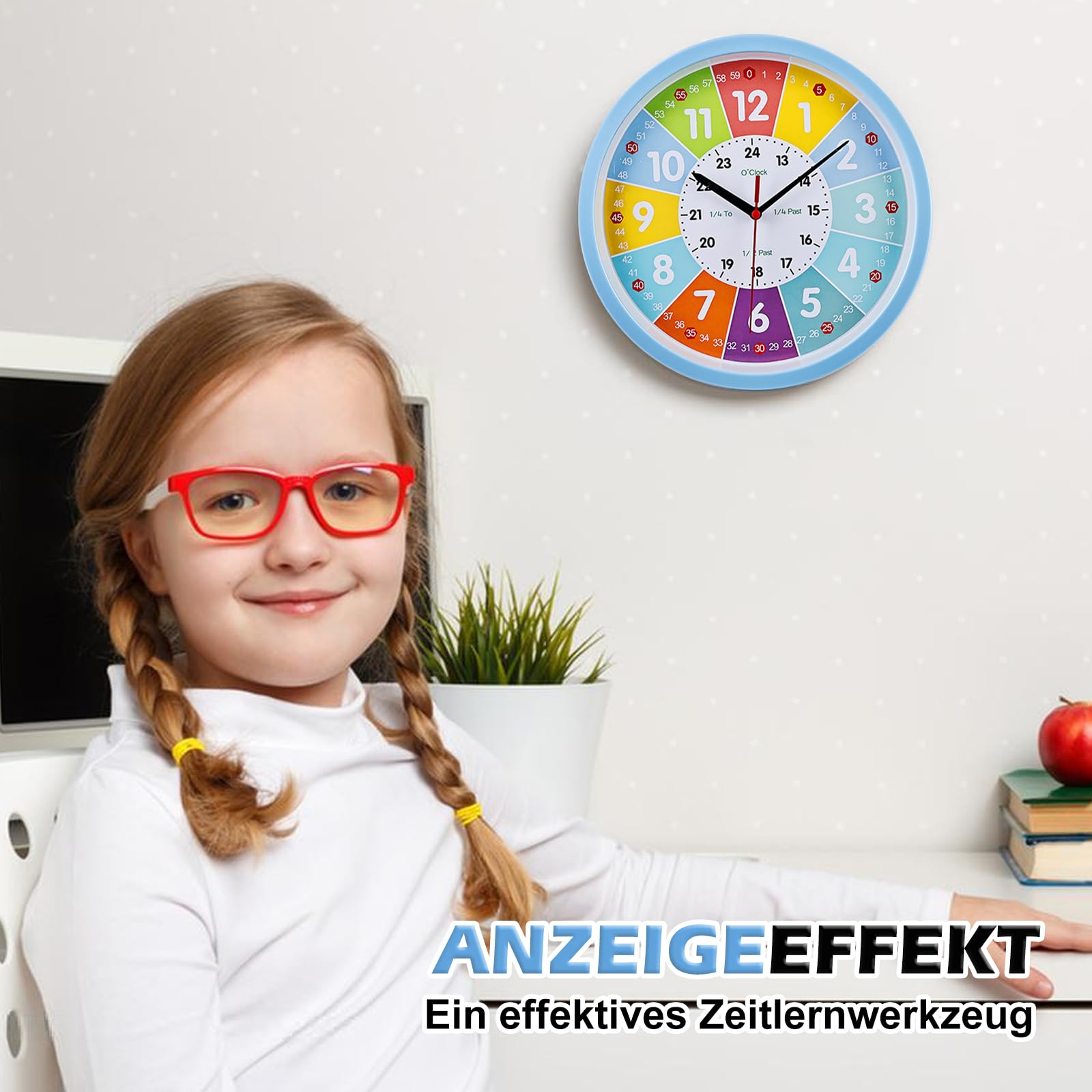 HOSPAOP Orologio Da Parete Silenzioso per Bambini, Orologio Didattico Colorato Senza Ticchettio, Ideale per Ragazzi e Ragazze, Camera dei Bambini, Camera da Letto, Cucina, Soggiorno, Scuola - 25 cm