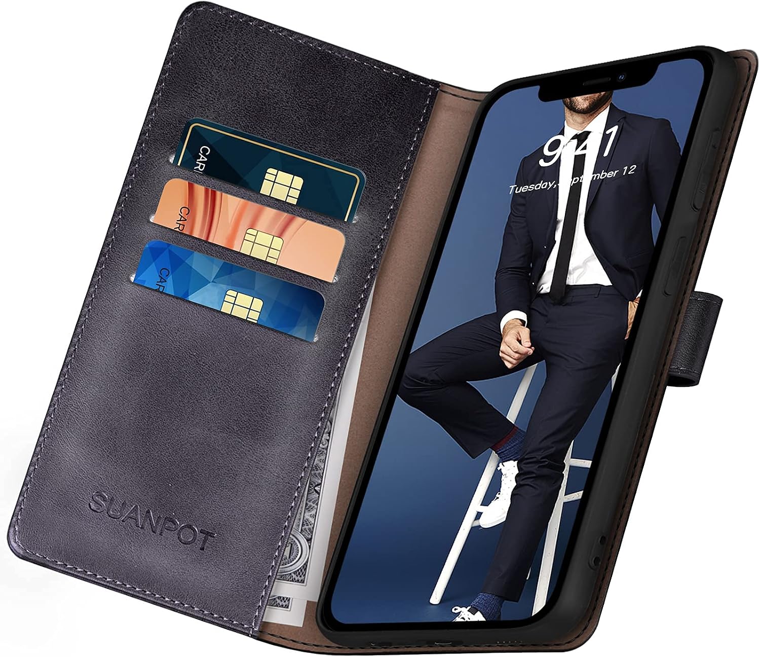 SUANPOT for iPhone 13（Non 13Pro） 6.1 inch 5G with RFID Blocking Wallet case Credit Card Holder,Flip Book PU Leather Phone case Shockproof Cover Cellphone Women Men for Apple 13 case Wallet Black image 5
