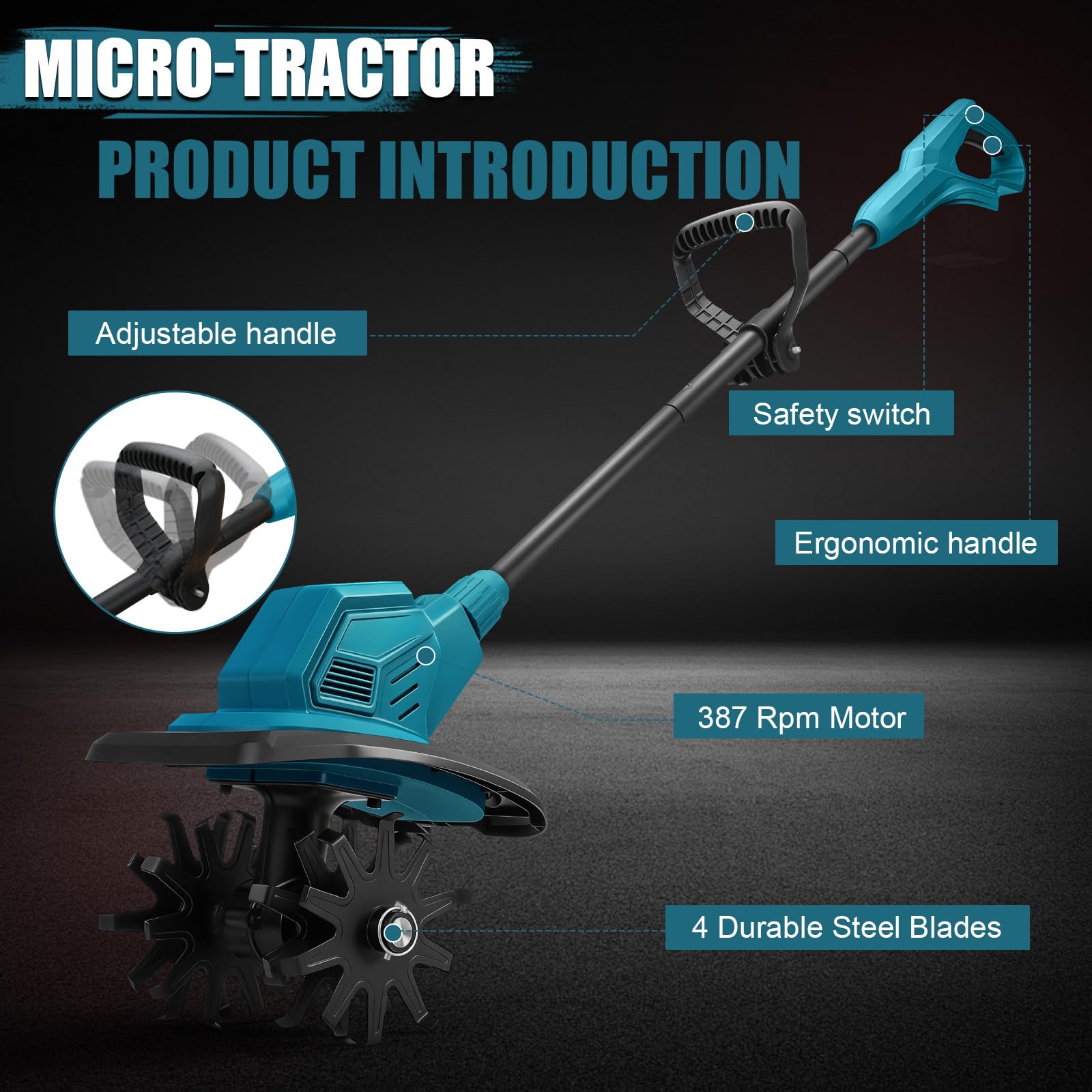 Motoazada para huerto, azada eléctrica, para Makita 18V batería | profundidad de trabajo de 18 cm, Ancho de Trabajo de 20 cm, Velocidad de 387 RPM, Mango ergonómico, para Cultivo de jardín