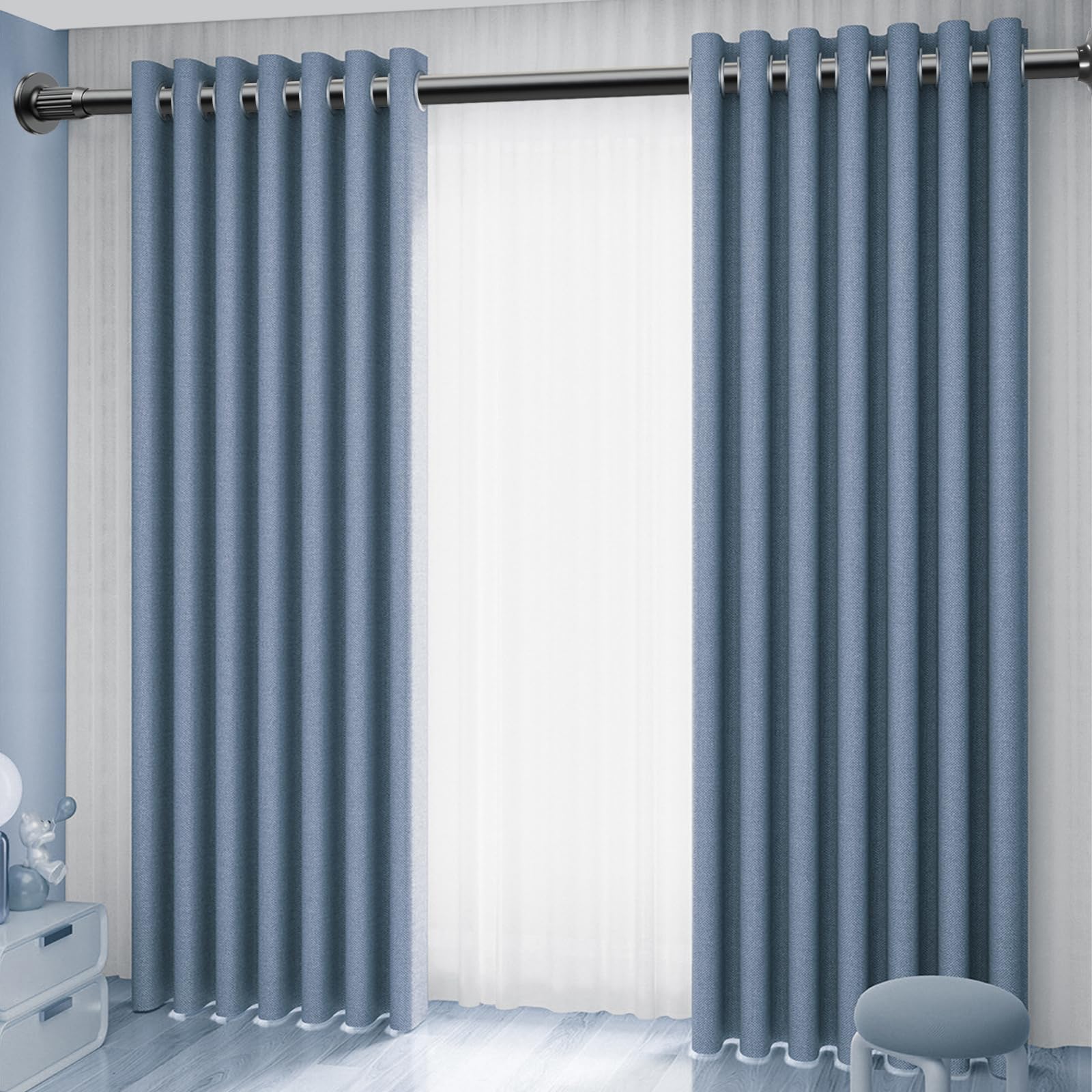Tringle à rideaux télescopique multifonctionnelle, sans perçage, 115 à 565 cm, noir mat, extensible, extra longue, pour cloison, rideau et balcon