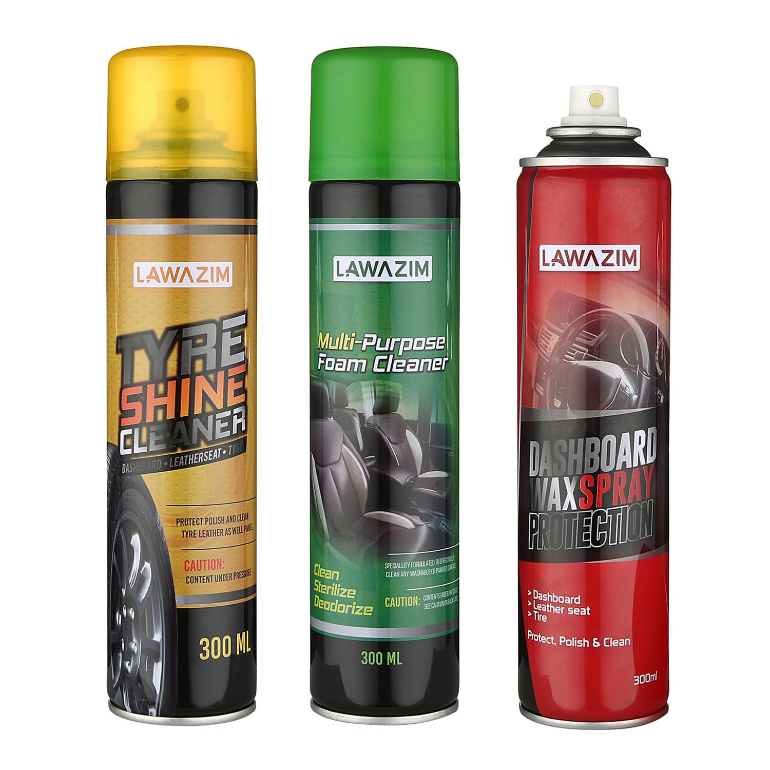 Lawazim Multi-Purpose Automotive Cleaning Spray Set - 3 Piece - Car Cleaning Set with Waterless Wash, Quick Detailing, Instant Shine, and 300ml size - Ideal for Car Interior, Exterior, Tires, and More