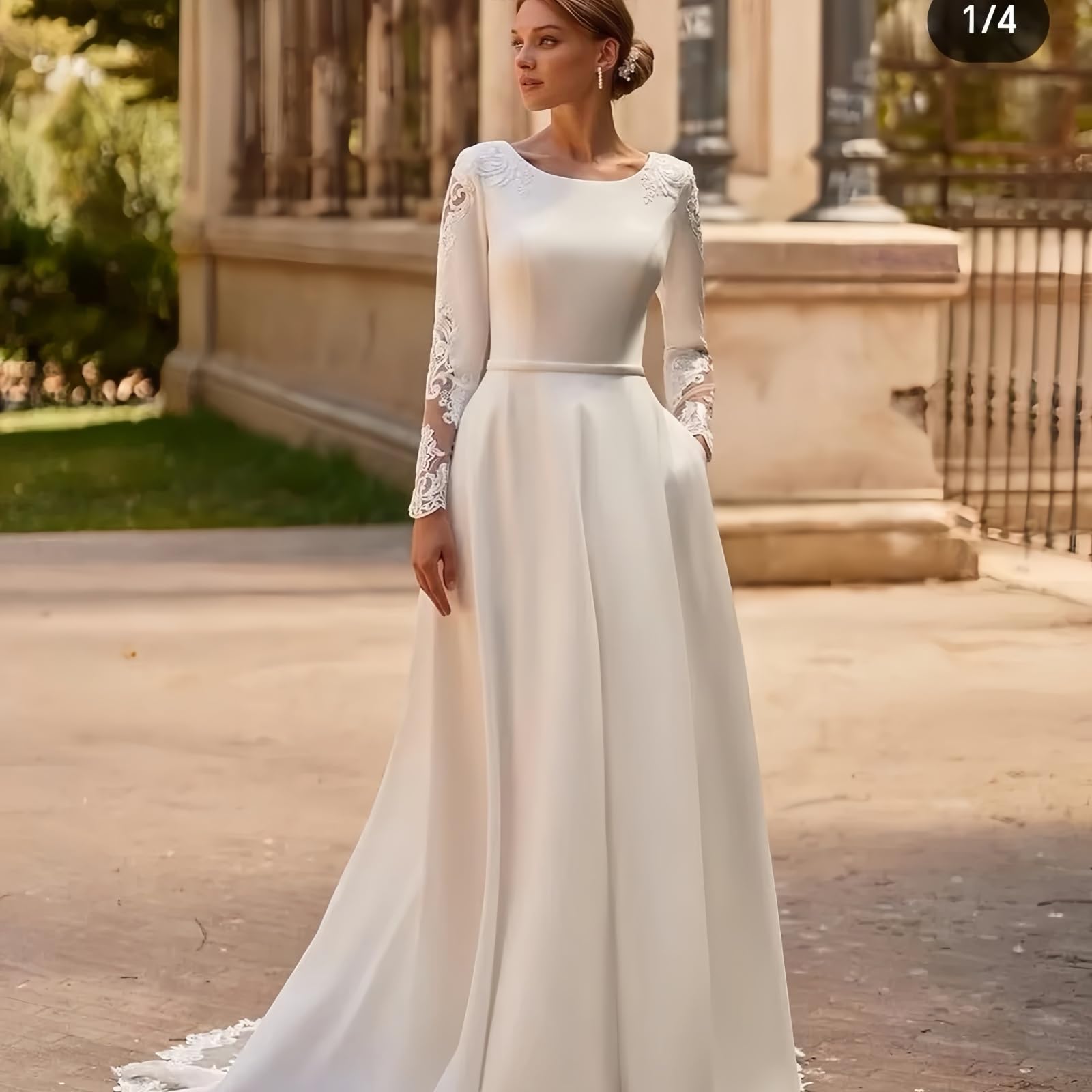 TSxuelian Abiti da sposa a maniche lunghe in raso Applique in pizzo Un abito da sposa linea
