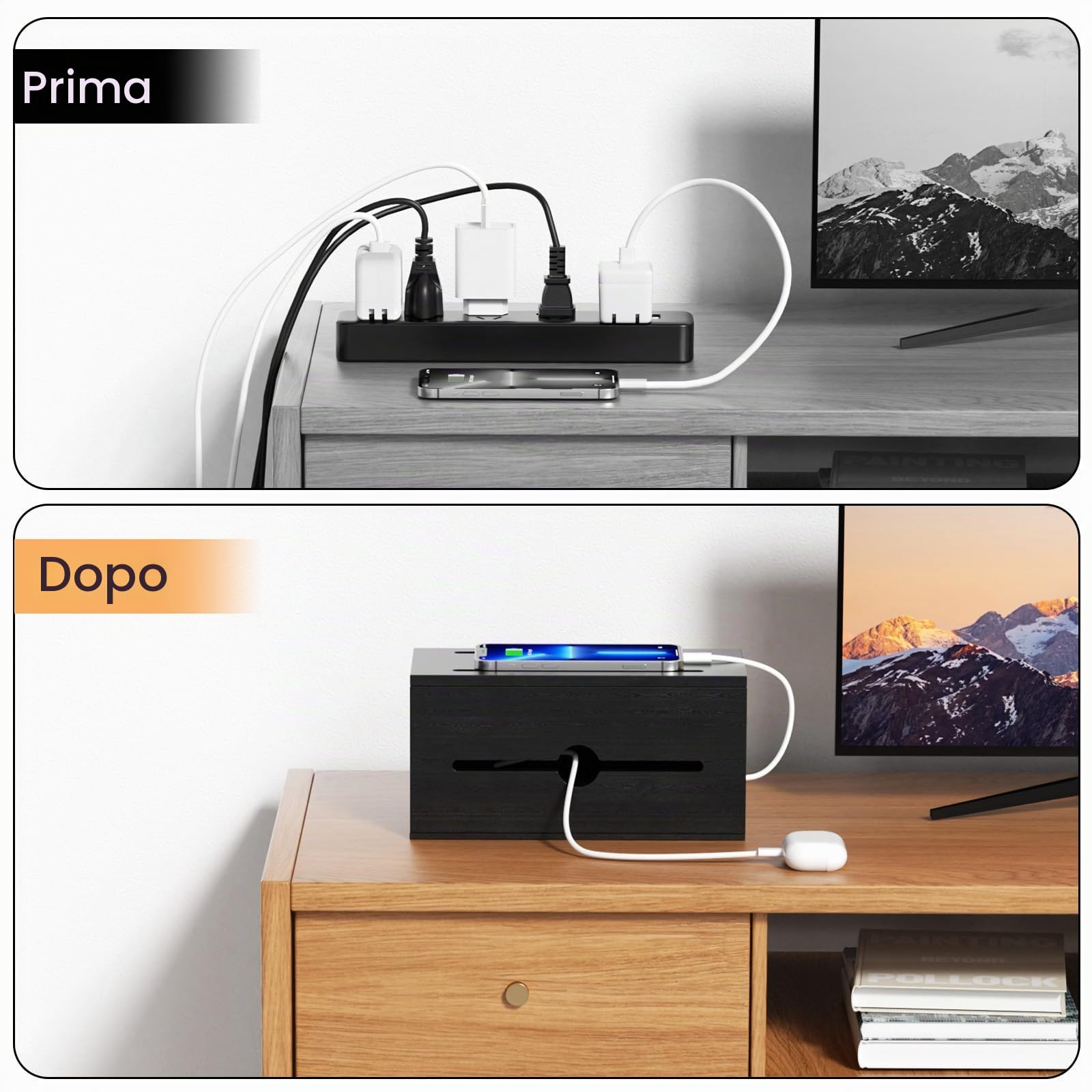 Scatola per cavi in legno con ciabatta multipresa, stazione di ricarica organizer con 8 prese, 4 USB e 1 ricarica rapida di tipo C, protezione da sovratensione con cavo di prolunga da 200 cm, per