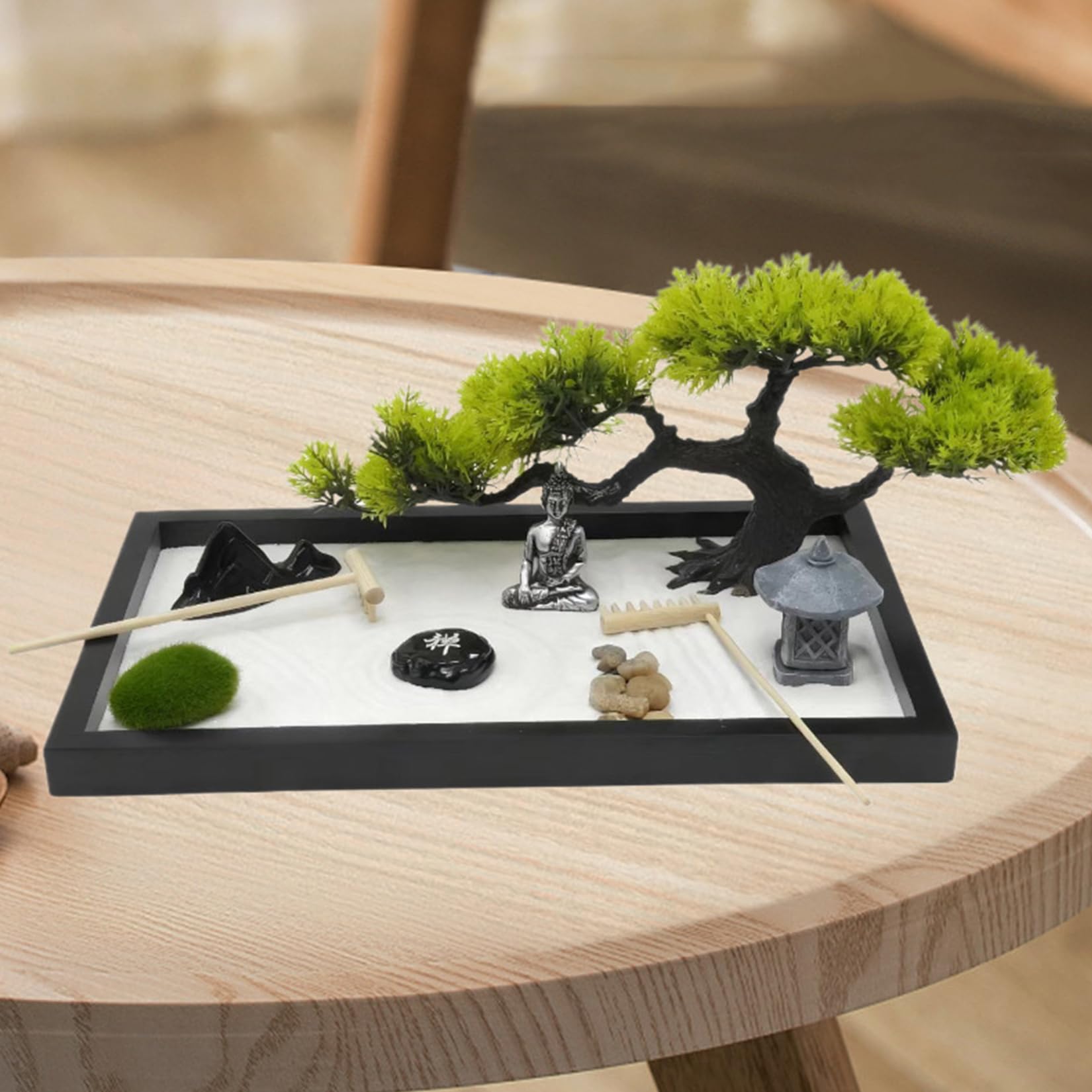 Giardino zen da tavolo in miniatura 12x8 pollici Contiene Statua Barra di spinta Sabbia Vassoio Pietre ecc Per la decorazione fai da te a casa o in ufficio come regali di meditazione