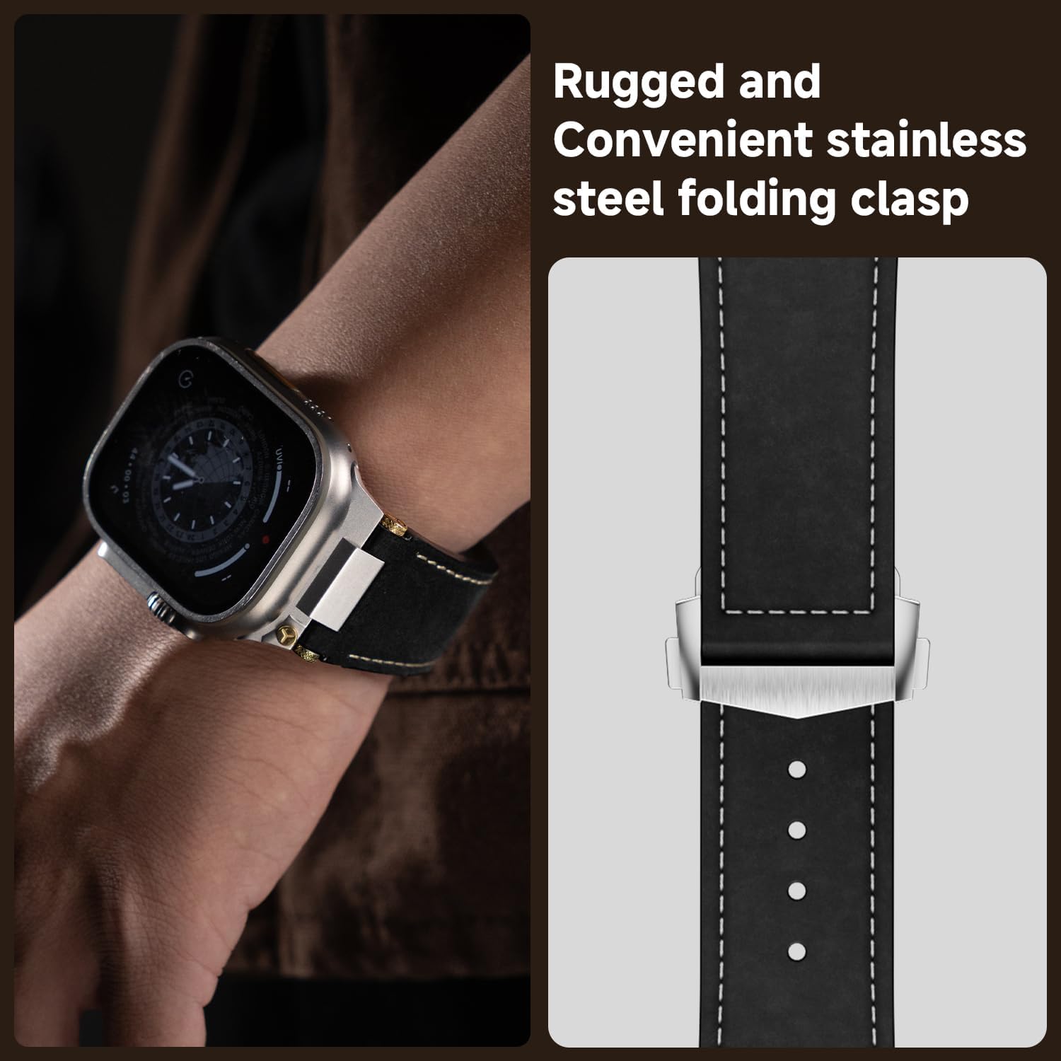 Leather Band Compatible for Apple Watch Ultra 3 2 Band 49mm 46mm 45mm 44mm 42mm , Men Luxury Genuine Leather Replacement Strap with Secure Metal Connector & Folding Clasp for iWatch Series 11 10 9 8 7 6 5 4 SE 3 2 1 ，Vintage Full-Grain Leather Watch Band