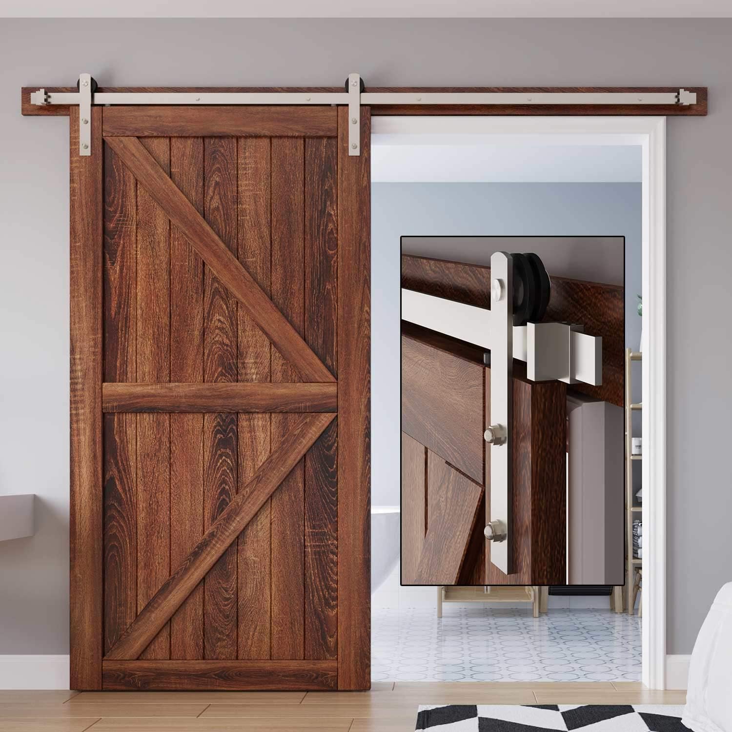 8 FT Brushed Nickel Sliding Barn Door Hardware Track Kit,Straight Pulley,Heavy Duty,Slide Smoothly Quietly,Easy Install (8FT Track Kit for 40"~48" Wide Single Door)