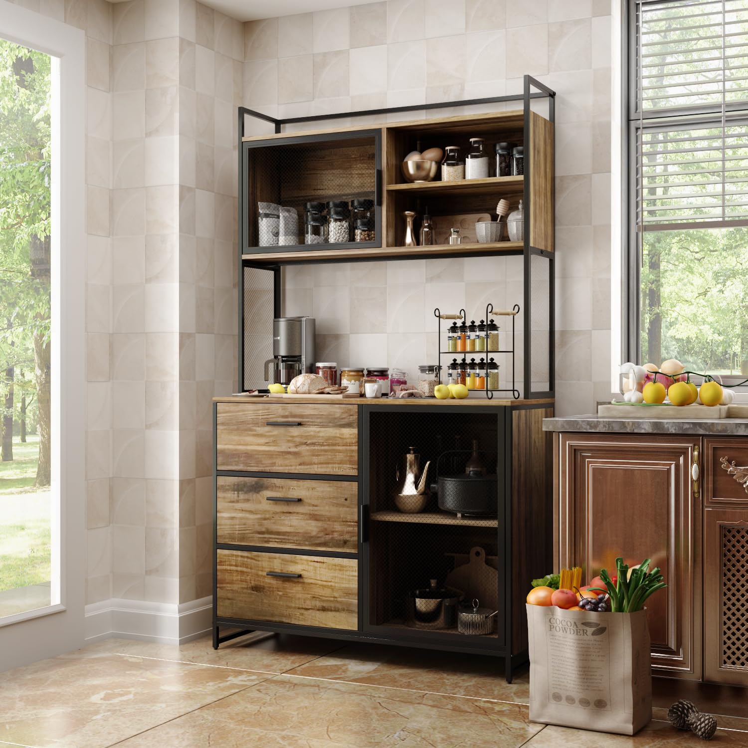 Buffet de Cuisine Industriel 100cm – Armoire Haute 175cm avec 3 Tiroirs, Porte Vitrée & Étagères Ouvertes – Meuble Métal-Bois pour Cuisine & Salle à Manger, 100×175×40cm