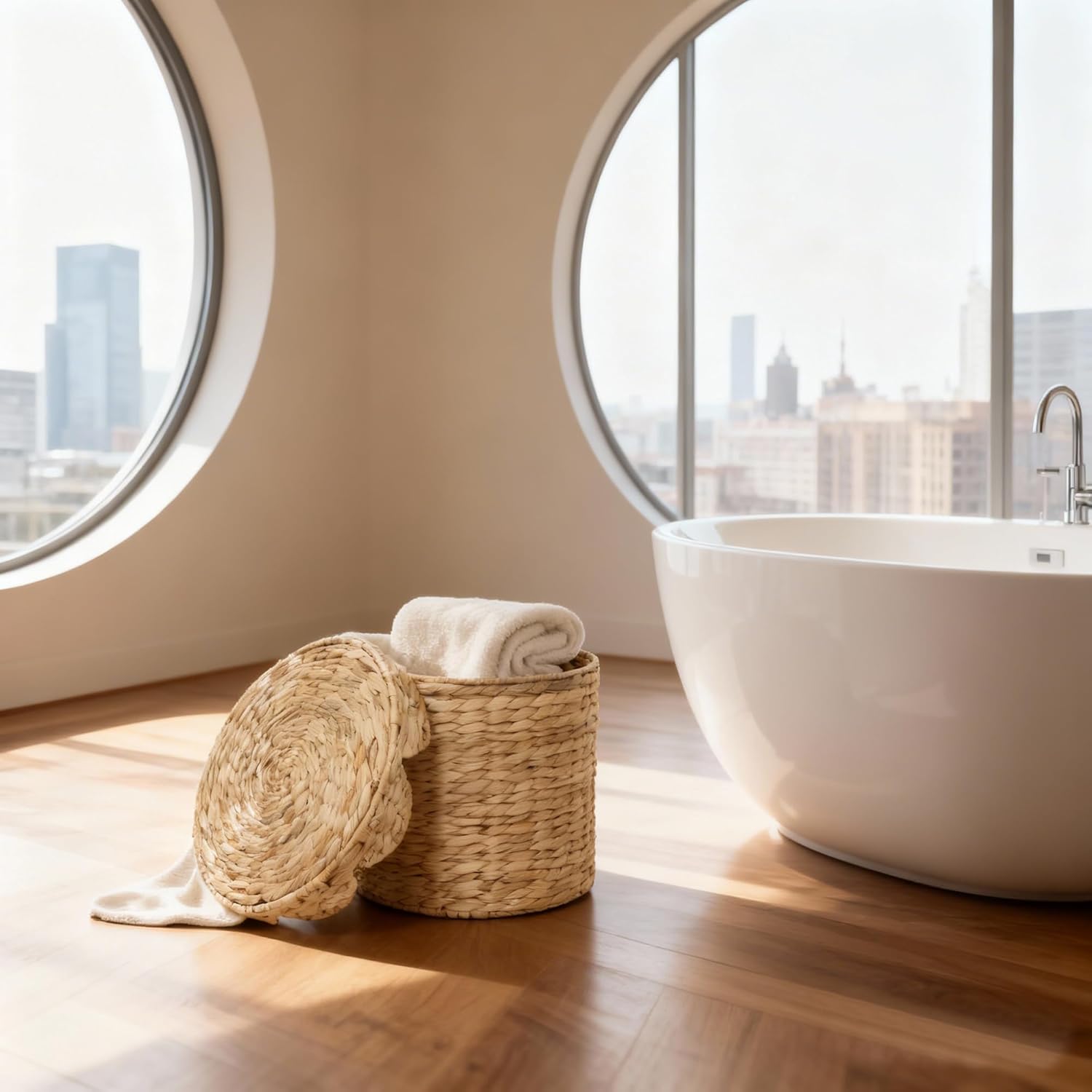 Round Wicker Laundry Hamper with Lid, Natural Water Hyacinth Woven scalloped basket, Space-Saving for Dirty Clothes - Bedroom & Bathroom (Small)