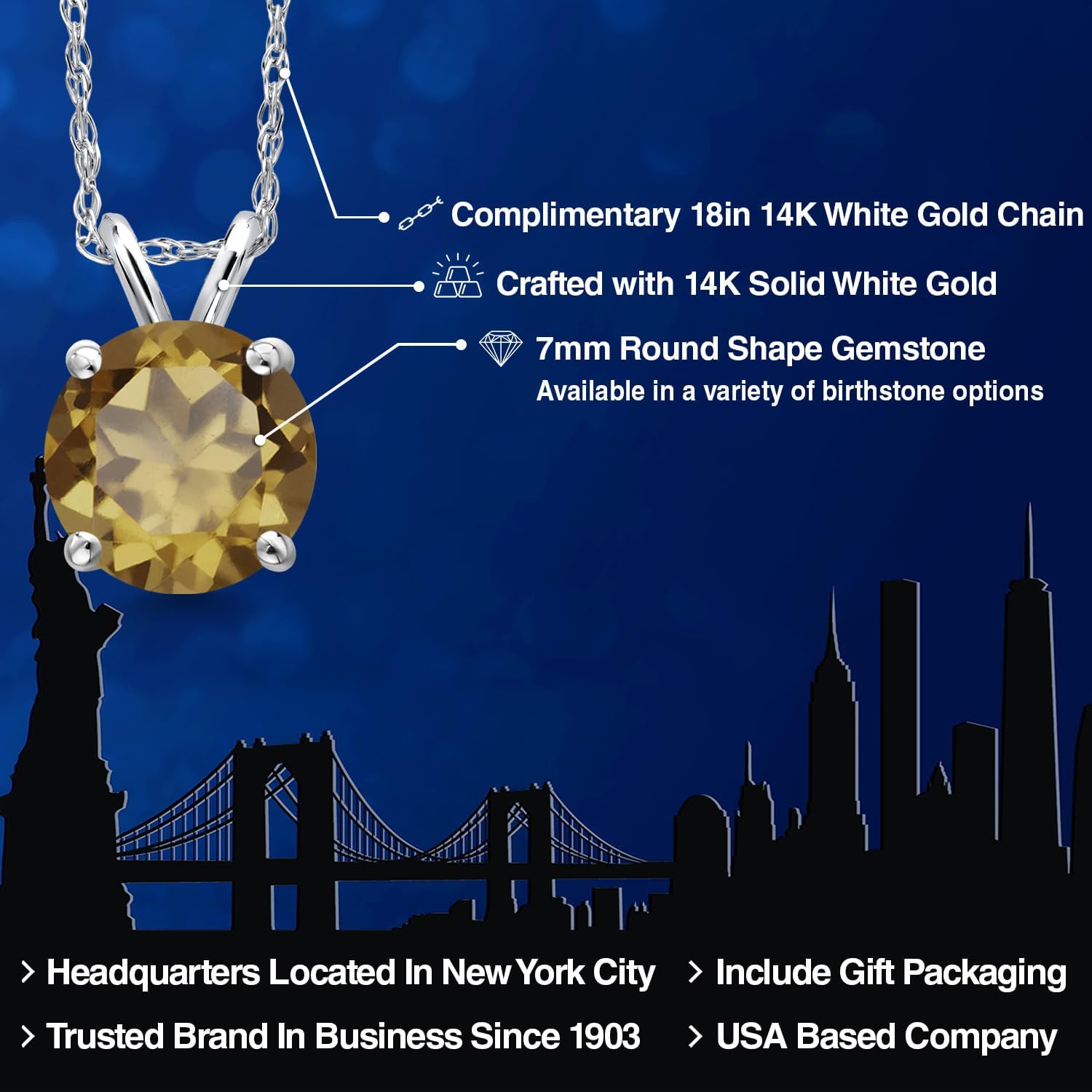 Gem Stone King 14K White Gold Whiskey Quartz Pendant Necklace for Women | 1.25 Cttw | Gemstone Birthstone | Round 7MM | With 18 Inch Chain - Image 2