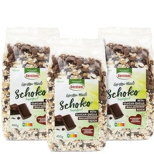 Gerstoni Gersten-Müsli Schoko (3x450g) - schokoladig & lecker, nicht süß - Schokomüsli mit hohem Ballaststoffgehalt & feinen Premium-Gerstenflocken - natürl. Quelle von Beta-Glucan - Fitness-Boost
