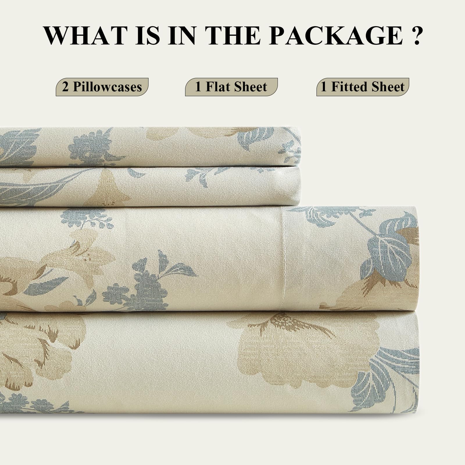 HighBuy Set Di Lenzuola Per Letto Matrimoniale 4 Pezzi - Motivo Floreale Vintage Beige, In Microfibra Lavata, Tasche Profonde Fino A 40 Cm, Morbide E Traspiranti, Federe 50x76 Cm