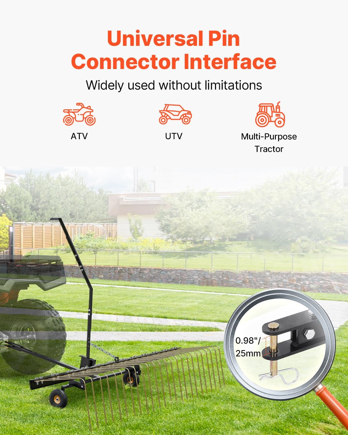 VEVOR Tow Behind Dethatcher, 60-inch Lawn Dethatcher Rake with 24 Steel Tines for ATV or Mower, Heavy Duty Q235 Steel Tow Behind Lawn Rake with Lift Handle for Farm Leaves, Pine Needles, and Grass