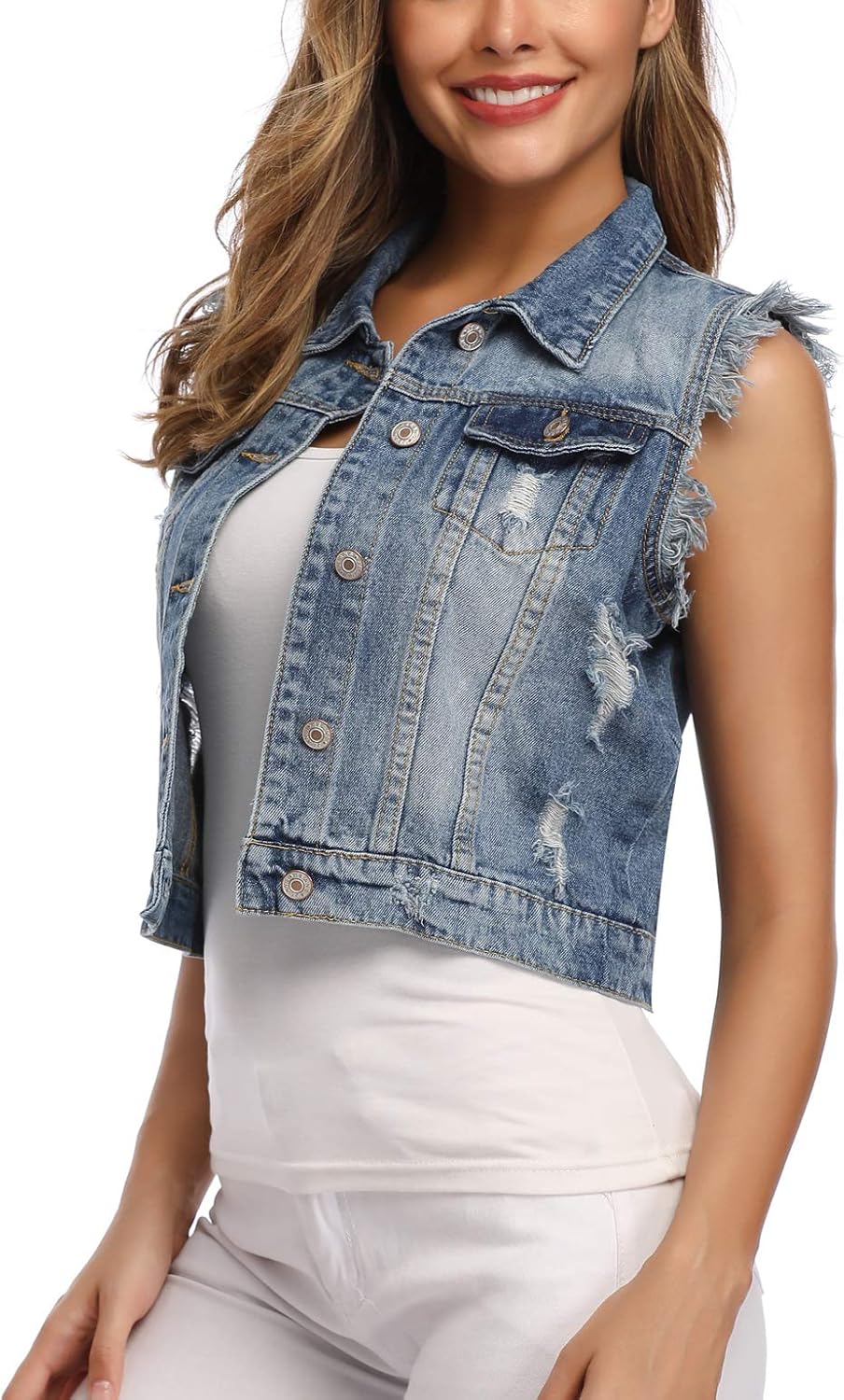 MISS MOLY Women's Ripped Denim Vest Cropped Distressed Classic Sleeveless Jean Vest Jackets With Flap Pockets - Image 2