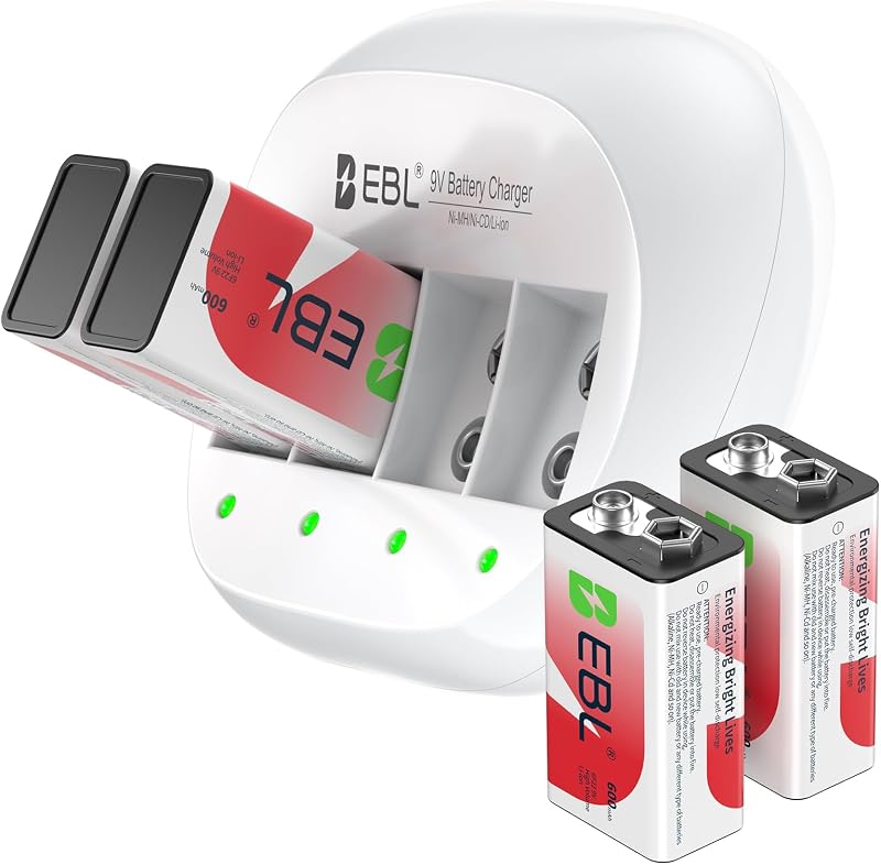 EBL 9V Battery Charger with 9V Li-ion Rechargeable Batteries | 4 Bay Charger, Lithium ion 9 Volt,600mAh, 4 Packs, for Smoke Alarm, Mercury-Free, 40% Lighter