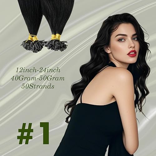 Miniatura 3 de RUNATURE Extensiones de cabello humano con queratina, color negro azabache con punta en U, extensiones de cabello humano real Remy preunido, 16