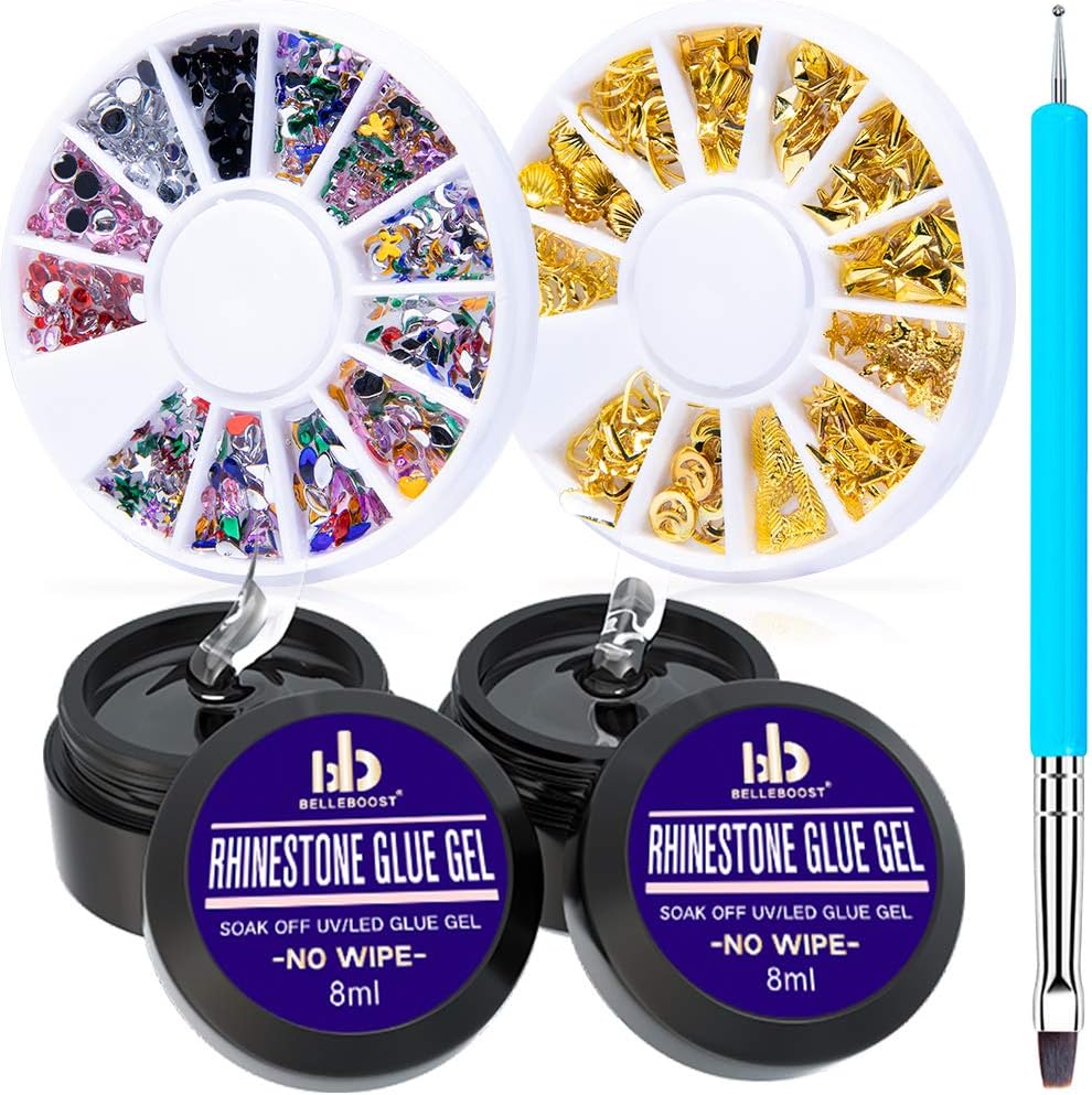 Nail Art 8ml×2 NO WIPE Rhinestone Glue Gel Adhesive Resin Gem Bead Stone Jewelry Diamond Gel Nail Polish Clear Decoration With Nail Rhinestones(Acrylic+Rivet)＆Dual-Use Pen Tool (LED Light Cure Needed)