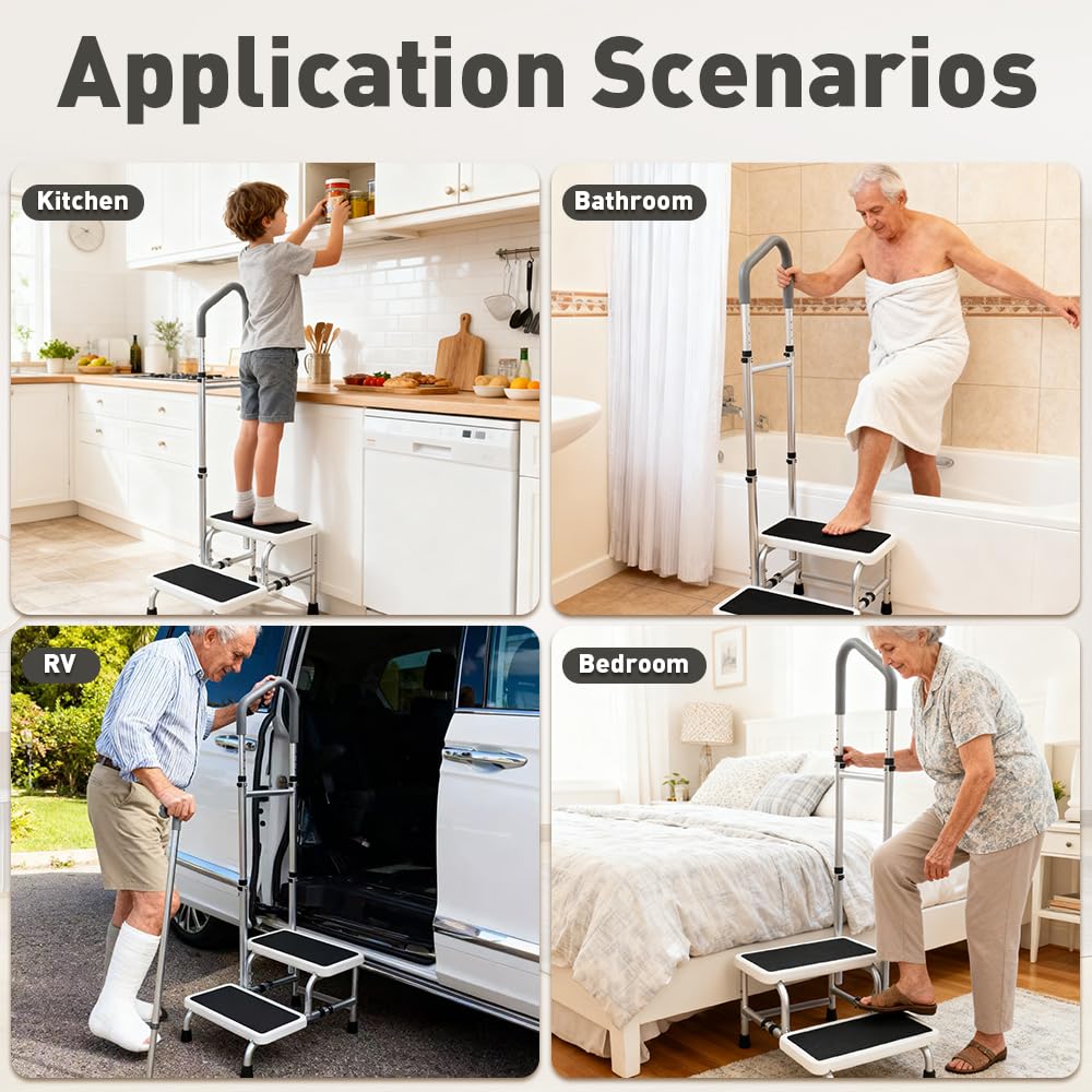 2-stufiger Hocker mit 5-fach höhenverstellbarem Handlauf für ältere Erwachsene – Aluminiumrahmen Tritthocker mit weichen Schaumstoffgriffen, rutschfeste Doppelstufen – Bett, Badewanne, Küche