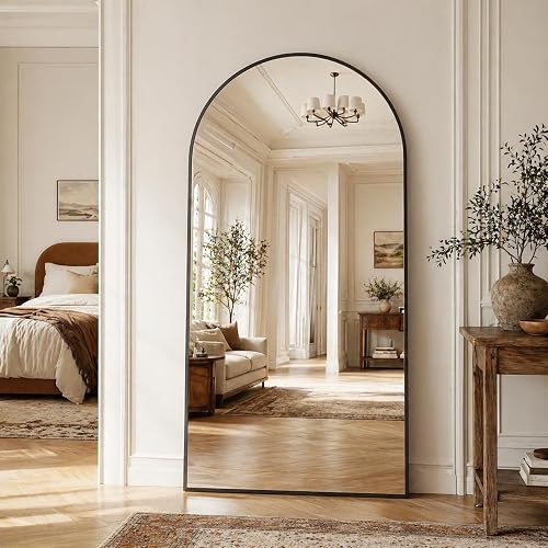 Full Length Mirror, 76"x34" Arched Floor Mirror Freestanding, Floor Standing Full Body Mirror with Stand for Bedroom, Hanging Mounted for Living Room Cloakroom, Black