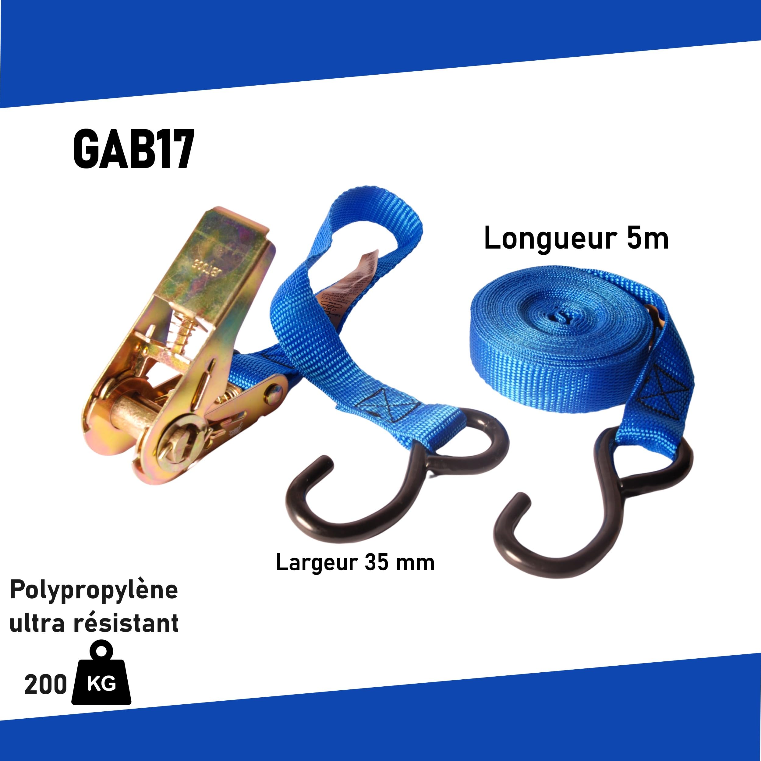 Chapuis gab17 correa polipropileno con tensor de trinquete y 2 ganchos cerrados – Tensión máxima de uso 200 kg – anchura 35 mm – longitud 5, M – Azul
