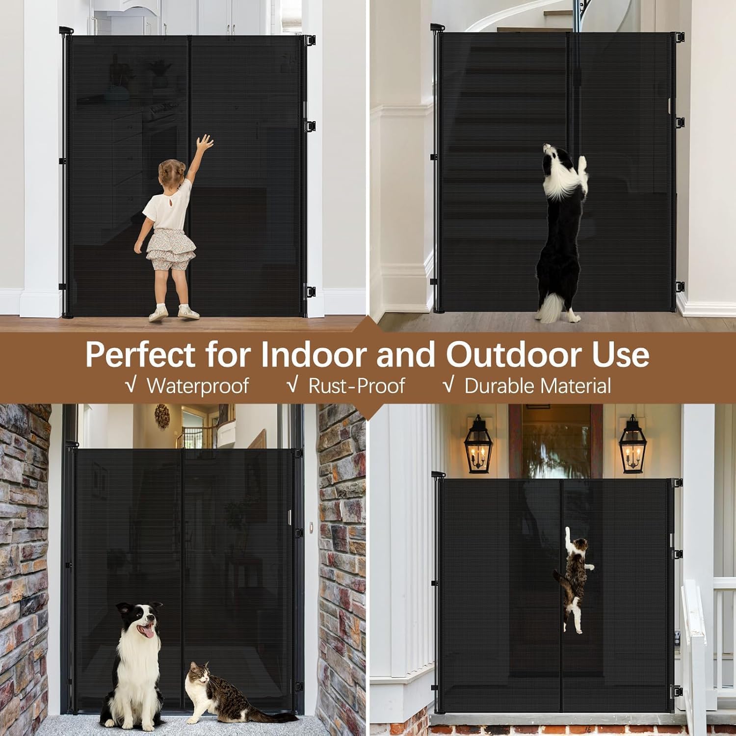 Reinforced 60 Inch Extra Tall Cat Gate Retractable Dog Gate - No Jumping Over/Crawling Under, 55" Wide Retractable Baby Gates for Cats with Reinforced Rods, 5ft Tall Dog Gate Indoor Cat Barrier/Black