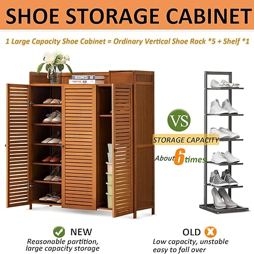 Miniatura 3 de LOYALHEARTDY Armario de almacenamiento de zapatos, estante organizador de zapatos de bambú de 7 niveles con puertas de obturación, impermeable,