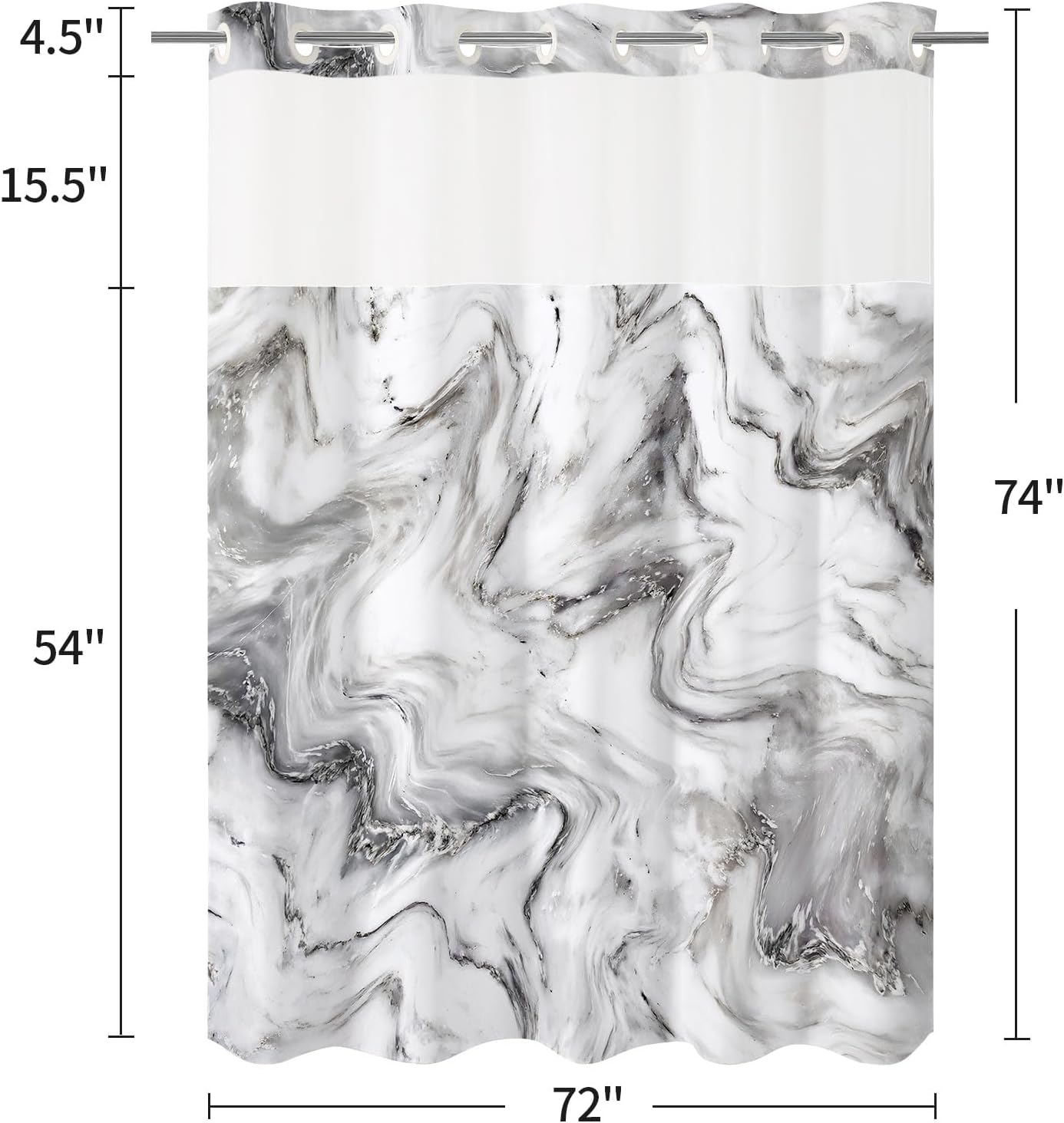 MitoVilla No Hooks Required Grey Shower Curtain Set with Snap-in Liner, Modern Abstract Marble Shower Curtains for Luxury Hotel Grade Spa-Like Bathroom Decor, 72 x 74