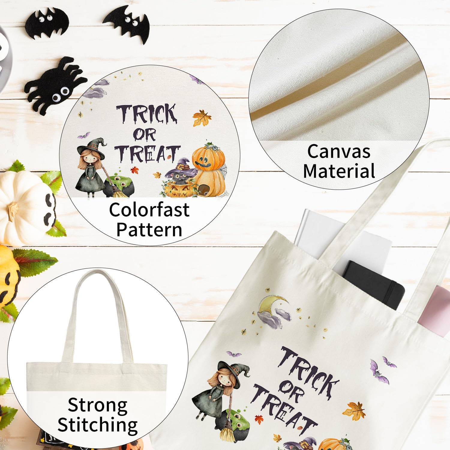 Halloween Tote Bag, Cute Ghost Tote Bag for Book Lovers, Canvas Reusable Large Totes, Halloween Candy Bags image 5